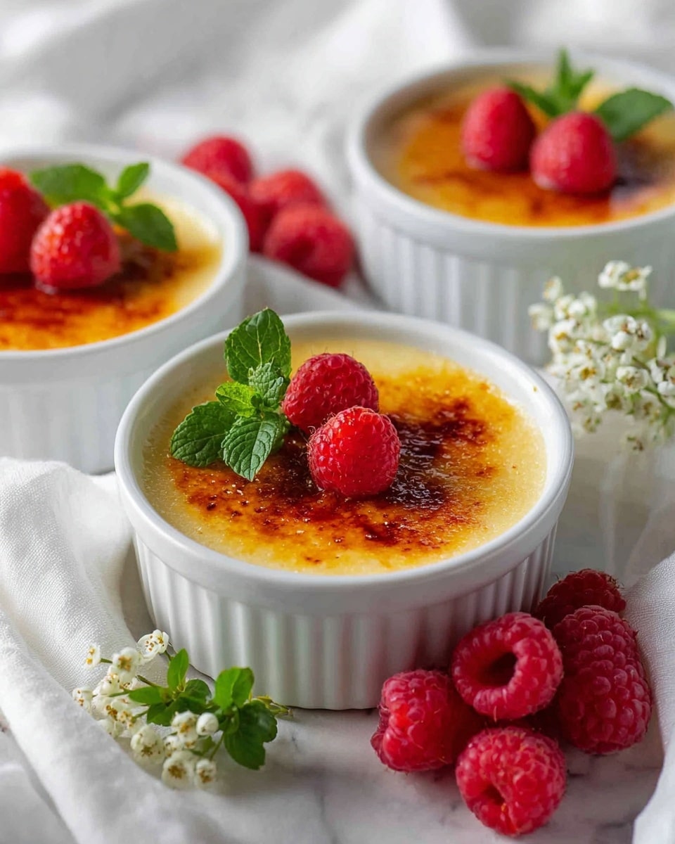 Three white ramekins hold crème brûlée, each with a smooth, light golden cream layer topped with a dark caramelized sugar crust. Each ramekin has a single bright red raspberry and a small sprig of fresh green mint resting on the caramelized top. Fresh raspberries and small white flowers with green leaves are scattered around the ramekins on soft white fabric. The background is a white marbled texture. photo taken with an iphone --ar 4:5 --v 7