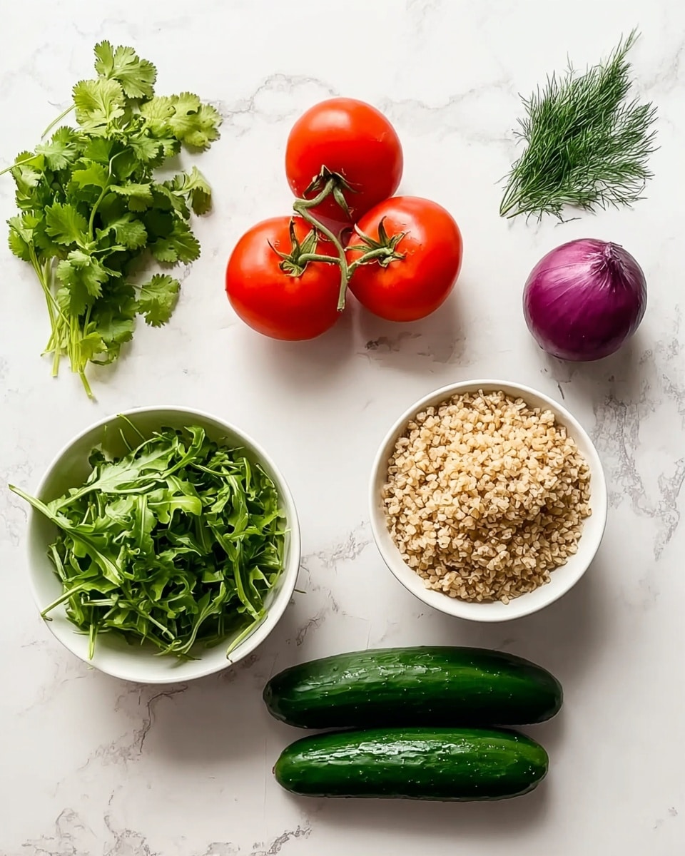 The image shows fresh ingredients arranged on a white marbled surface. Starting from the top left, there are green cilantro leaves, followed by some dill with thin feathery leaves, and two bright red tomatoes still attached to a small green vine. To the right, there is a halved purple onion with a smooth, shiny outer skin. Below, two small dark green cucumbers lie parallel. On the bottom left, there is a white bowl filled with green arugula leaves, and to the right of it, a white bowl filled with cooked light brown bulgur grains, showing their fluffy texture. photo taken with an iphone --ar 4:5 --v 7