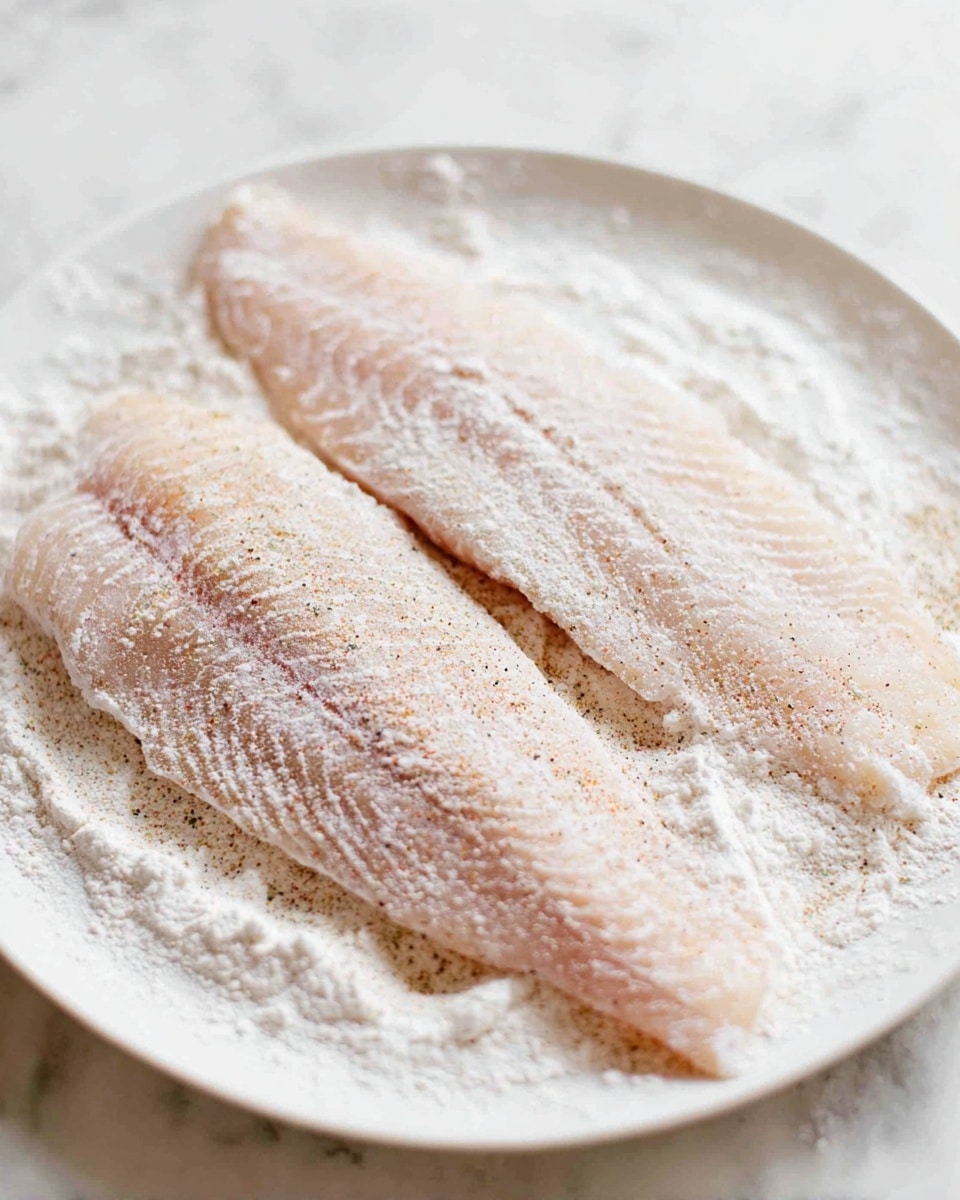 Two light pink fish fillets lie flat on a white plate dusted with a light layer of flour and seasoning. The fish has a soft, slightly textured surface with small lines and a lightly speckled coating from the flour and spices. The plate rests on a white marbled surface, adding a clean and bright background to the simple preparation. The image is close up, focusing on the fish and flour details. photo taken with an iphone --ar 4:5 --v 7
