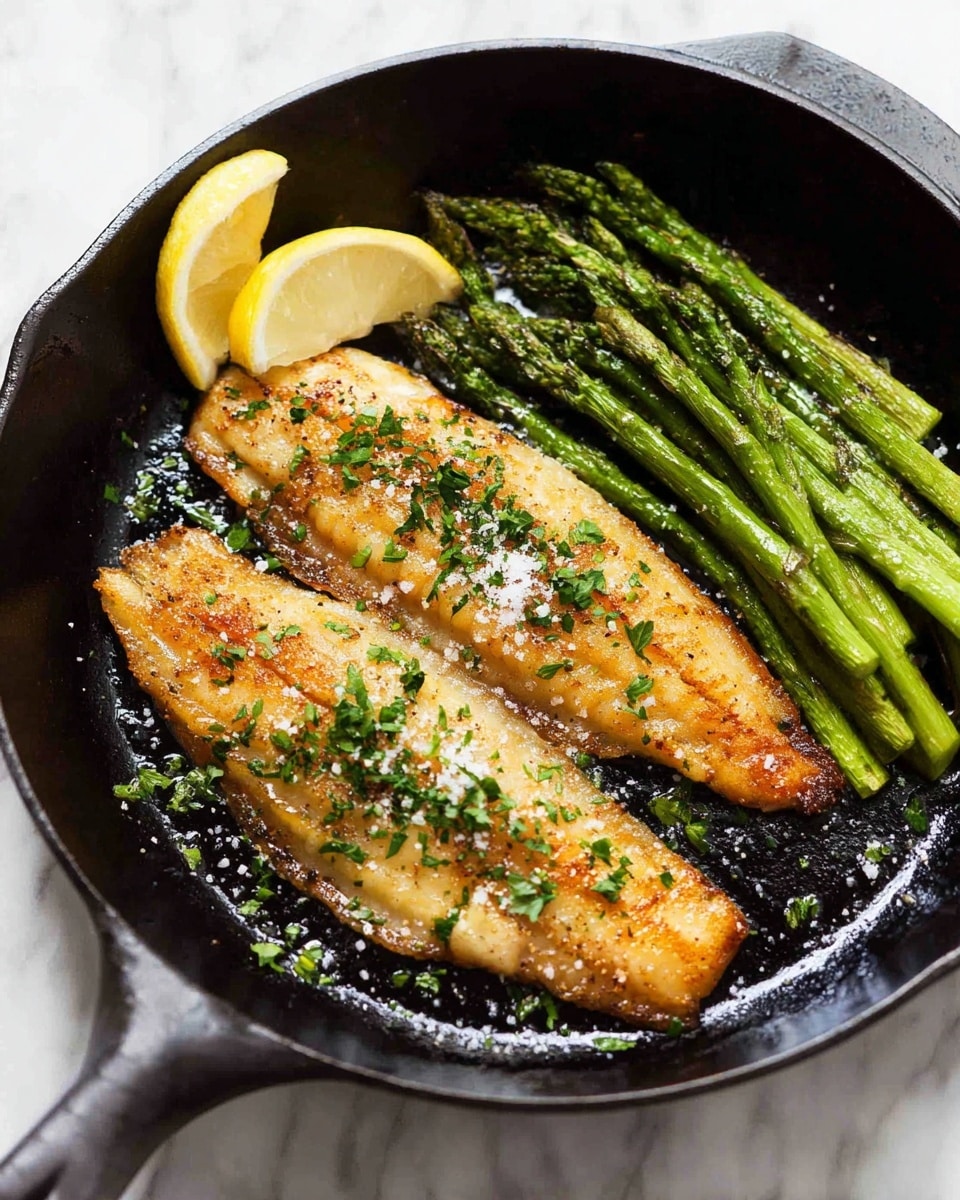 The image shows a black cast iron pan with two golden brown fried fish fillets placed side by side at the center. The fish fillets have visible white flakes and are topped with chopped green herbs and a few coarse salt crystals. To the right of the fish, there is a bunch of bright green roasted asparagus spears with a slightly charred texture. On the left edge of the pan, two lemon wedges with a bright yellow color add a fresh contrast. The pan is set on a white marbled surface. Photo taken with an iphone --ar 4:5 --v 7