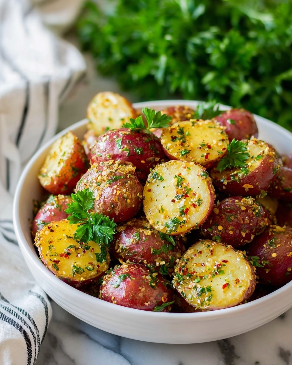 A white bowl filled with red-skinned baby potatoes, some cut in half showing a golden-yellow inside. The potatoes are coated with a seasoning mix of green herbs and small red chili flakes, giving a textured appearance. Fresh green parsley sprigs are placed around and within the potatoes, adding color contrast. The bowl is set on a white marbled surface with a soft-focus background that includes green leafy plants and a white cloth with black stripes. The photo taken with an iphone --ar 4:5 --v 7
