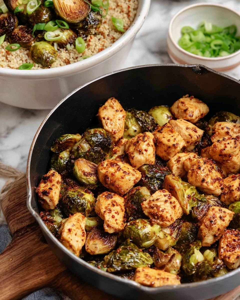 The image shows a close-up of a black cast iron pan filled with golden-brown chunks of cooked chicken mixed with roasted Brussels sprouts that have a slightly crispy, dark green-brown outer layer. The chicken pieces are roughly cut, with a textured surface showing seasoning specks, and are scattered evenly among the vegetable pieces. In the background to the top left, there is a white bowl filled with a grain base, likely rice or quinoa, topped with more roasted Brussels sprouts and chicken pieces, garnished with small green onion slices. To the side, there is a small portion of additional chopped green onions in a white bowl. All items rest on a wooden surface with a white marbled texture surface underneath the items. The photo taken with an iphone --ar 4:5 --v 7