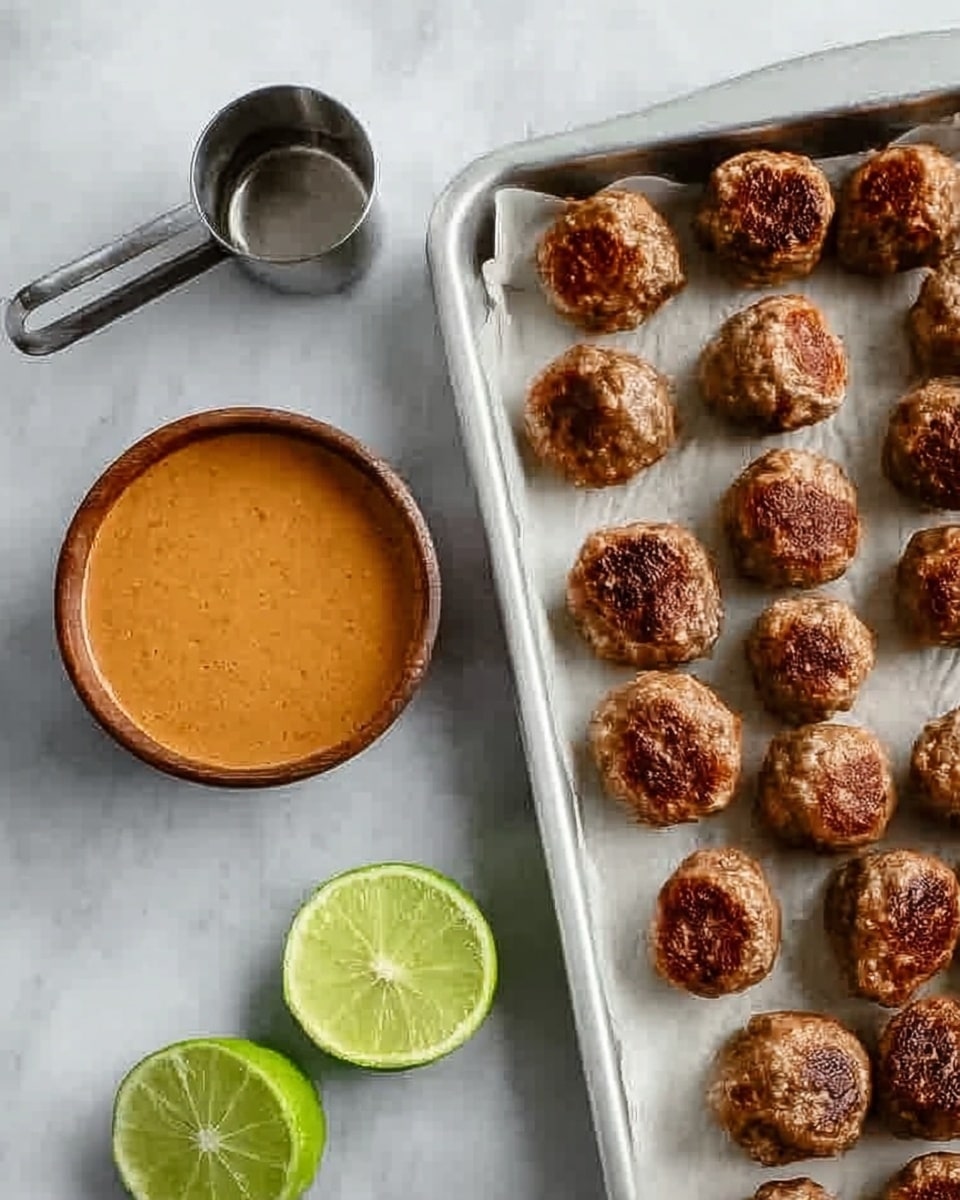 A white baking tray filled with several browned meatballs of uneven round shapes, some with slight cracks on their surface, placed on the right side of the image over a white marbled background. To the upper left of the tray, there is a small stainless steel measuring cup with a long handle, resting flat on the surface. Above the measuring cup, there is a small bowl filled with a thick, creamy orange-brown sauce. Below the measuring cup and bowl, there are two halves of a lime with a pale green, juicy texture exposed, placed side by side on the white marbled surface. Photo taken with an iphone --ar 4:5 --v 7