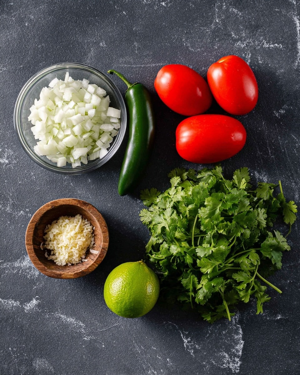 A group of fresh ingredients is neatly arranged on a dark textured surface, changed to a white marbled texture. In the top left corner, there is a clear glass bowl filled with small, white chopped onions. Next to it is a whole green jalapeño pepper with a shiny, smooth skin. To the right, four bright red Roma tomatoes are placed closely together with a glossy finish. Below and to the left, a small wooden bowl holds finely minced garlic, showing its light yellow color and small texture. Next to it is a whole lime with a bumpy green skin. Lastly, a bunch of fresh green cilantro with leafy stems lies spread out on the surface. The photo taken with an iphone --ar 4:5 --v 7
