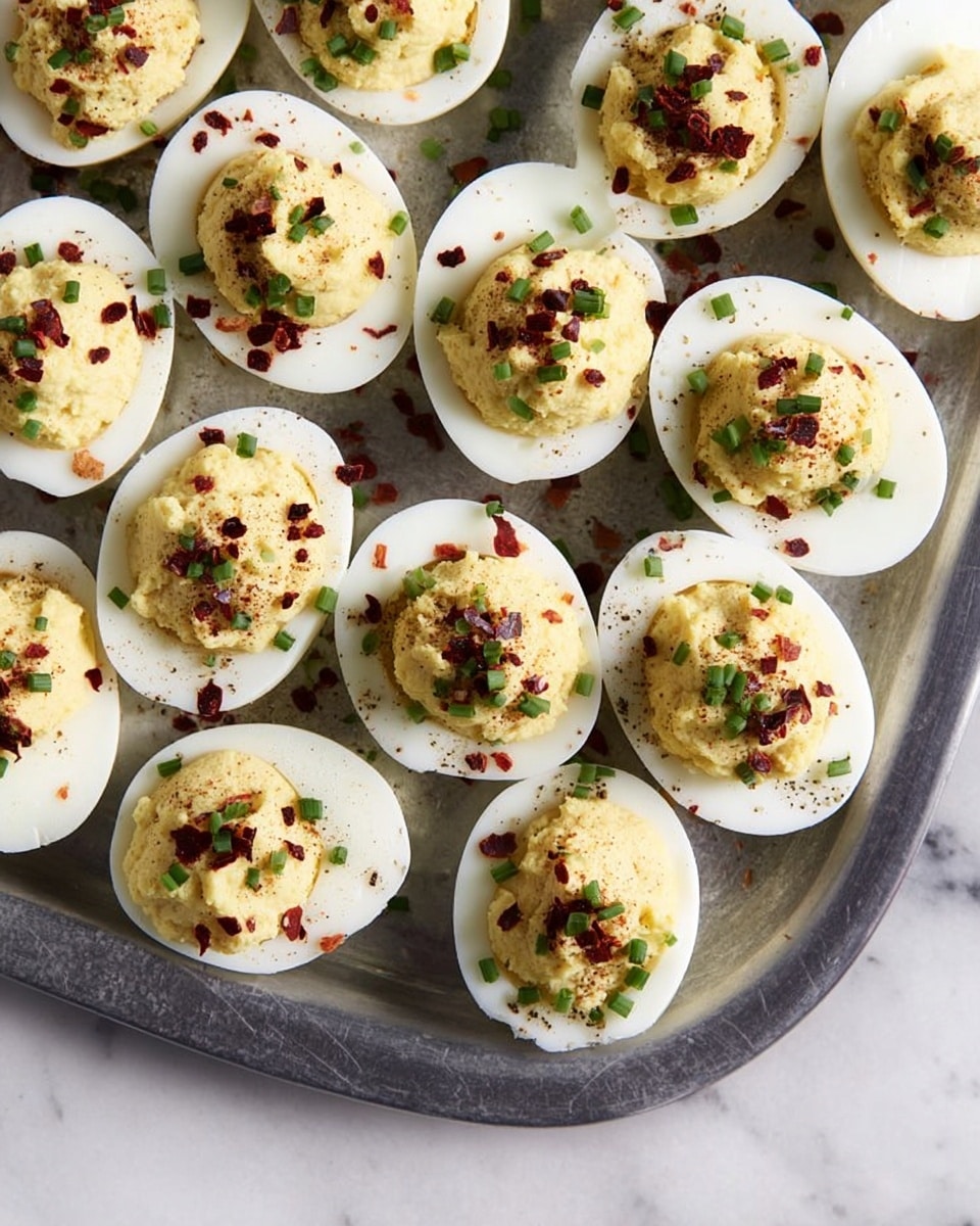 A metal tray filled with two layers of halved deviled eggs arranged close together, each egg showing a smooth white outer layer and topped with a fluffy, pale yellow filling mound in the center. The eggs are sprinkled evenly with small, dark red bacon bits and finely chopped green chives, adding texture and pops of color. Black pepper grains are scattered across the eggs and tray, creating a slight speckled effect. The tray rests on a white marbled surface. photo taken with an iphone --ar 4:5 --v 7