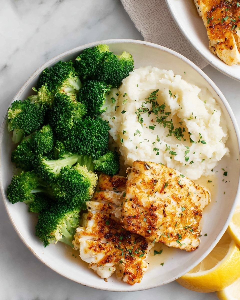 A white plate holds three main parts: a cluster of bright green broccoli florets on the left, a scoop of creamy white mashed potatoes below the broccoli, and two golden-brown grilled fish fillets on the right, lightly sprinkled with green herbs. The plate rests on a white marbled surface with a lemon wedge placed nearby, and part of another white plate with similar fish is slightly visible at the top right. photo taken with an iphone --ar 4:5 --v 7