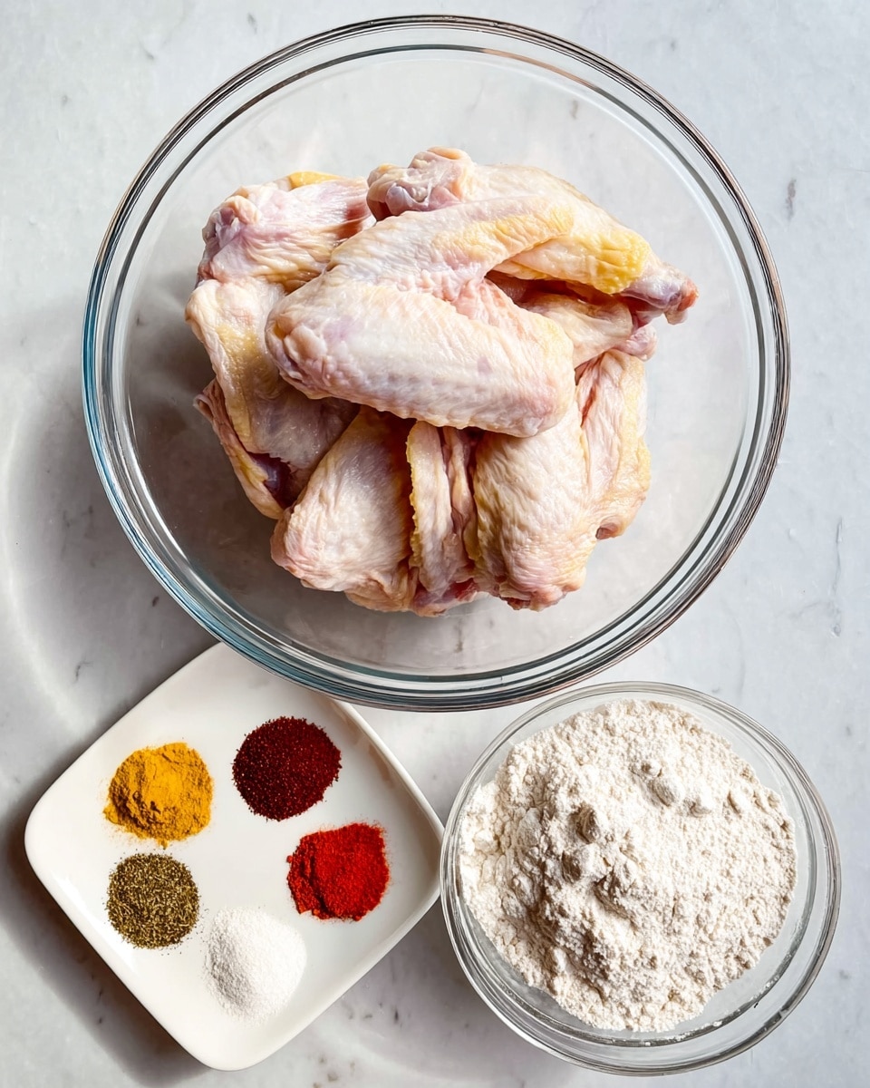 A clear glass bowl sits in the center, filled with several raw chicken wings that are pale pink with some light yellow skin patches, layered naturally as they rest on each other. Above it to the left, a small white square dish holds six different spices arranged in neat sections: dark brown, bright yellow, white, off-white, red, and olive green. To the right of the square dish is a clear glass bowl filled with white flour. All items are placed on a white marbled textured surface. Photo taken with an iphone --ar 4:5 --v 7