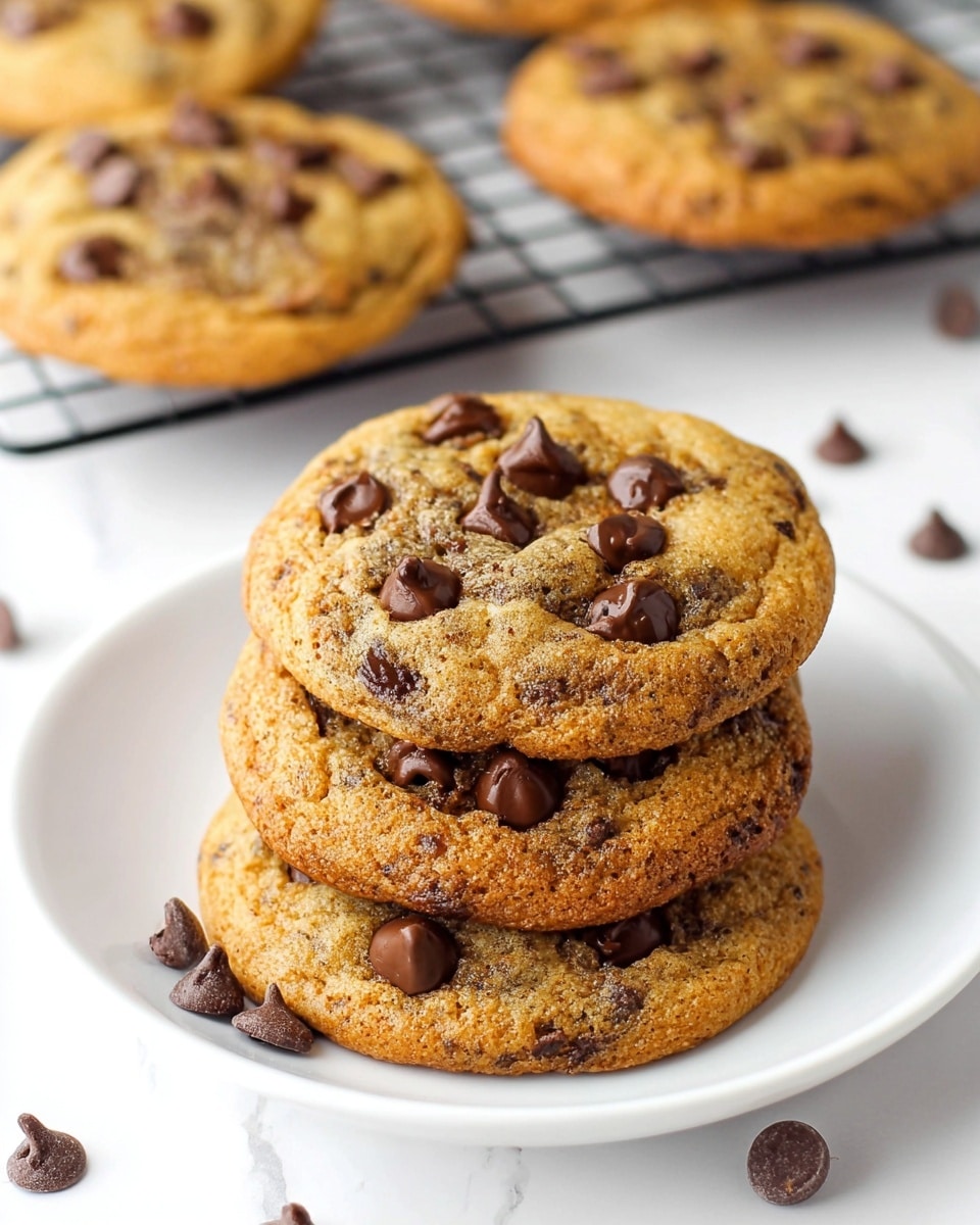 The image shows three thick chocolate chip cookies stacked slightly overlapping on a white plate placed on a white marbled surface. The cookies have a golden-brown color with visible textures of soft dough and dark, shiny chocolate chips scattered generously on top. Behind the plate, more cookies rest on a black cooling rack, and a few chocolate chips are scattered loosely around the plate on the white marbled surface. The scene is brightly lit, highlighting the warm tones and detailed textures of the cookies, photo taken with an iphone --ar 4:5 --v 7