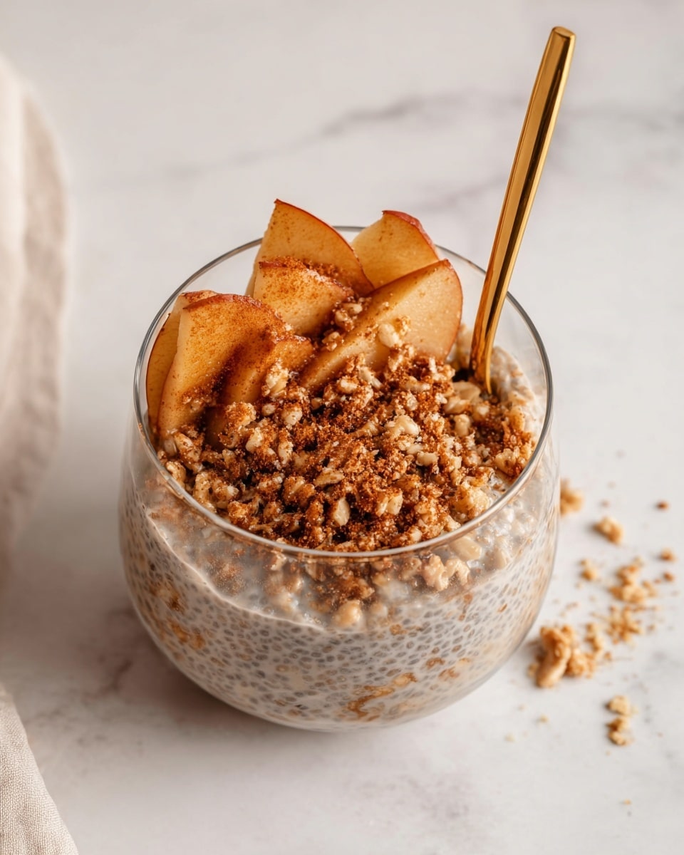 A clear glass cup holds a creamy chia seed pudding base with a soft grayish texture speckled with black chia seeds. On top, there is a layer of thin, soft apple slices with a warm light brown color, covered by a crumbly brown nut mixture sprinkled all over. A shiny golden spoon is placed inside the cup on the right side. The cup sits on a white marbled surface with some crumbs scattered around. photo taken with an iphone --ar 4:5 --v 7