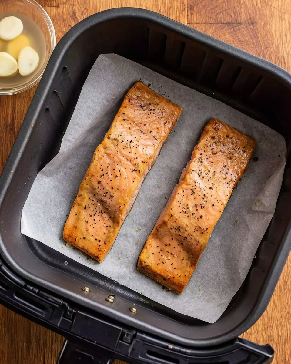 Two cooked salmon fillets with a golden brown top layer and a slightly darker edge sit side by side on a square piece of white parchment paper inside a black air fryer basket. They have a light sprinkle of black pepper across their smooth, slightly shiny surface. The air fryer basket rests on a warm wooden surface, and in the top left corner, there is a small clear white bowl containing slices of garlic in some liquid. The setting is simple and clean, with the focus on the salmon pieces. Photo taken with an iphone --ar 4:5 --v 7