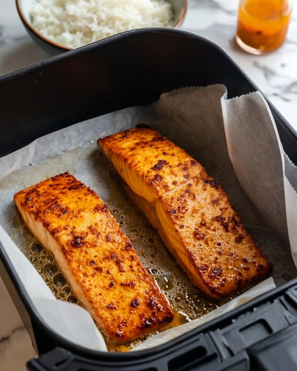 Two thick rectangles of cooked salmon with a golden-brown and slightly crispy surface rest inside a black air fryer basket lined with white parchment paper, showing small bubbles of oil on the salmon’s surface. The background shows a blurred close-up of white rice in a white bowl and a glass with orange sauce, all set on a white marbled surface. Photo taken with an iphone --ar 4:5 --v 7