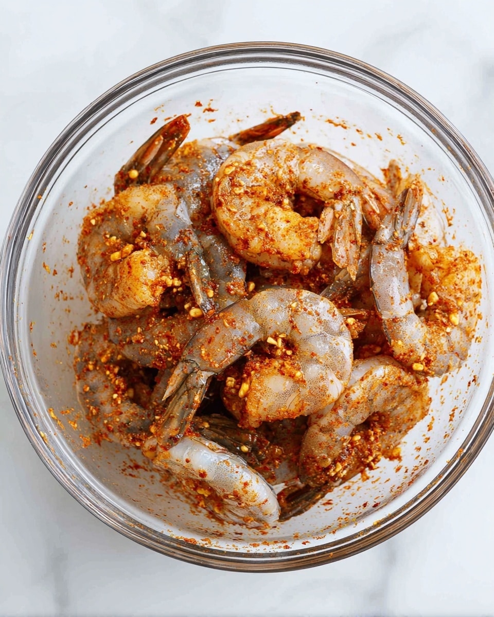 A clear glass bowl sits on a white marbled surface, filled with raw shrimp that are coated in a reddish-orange spice mix. Each shrimp is curled, showing a mix of grey and translucent shell colors underneath the spice which includes visible flakes and small bits. The shrimp tails are mostly intact and positioned in different directions, layering naturally within the bowl. The spice coating appears rough, with some powder and small pieces scattered slightly on the bowl’s sides and bottom. photo taken with an iphone --ar 4:5 --v 7