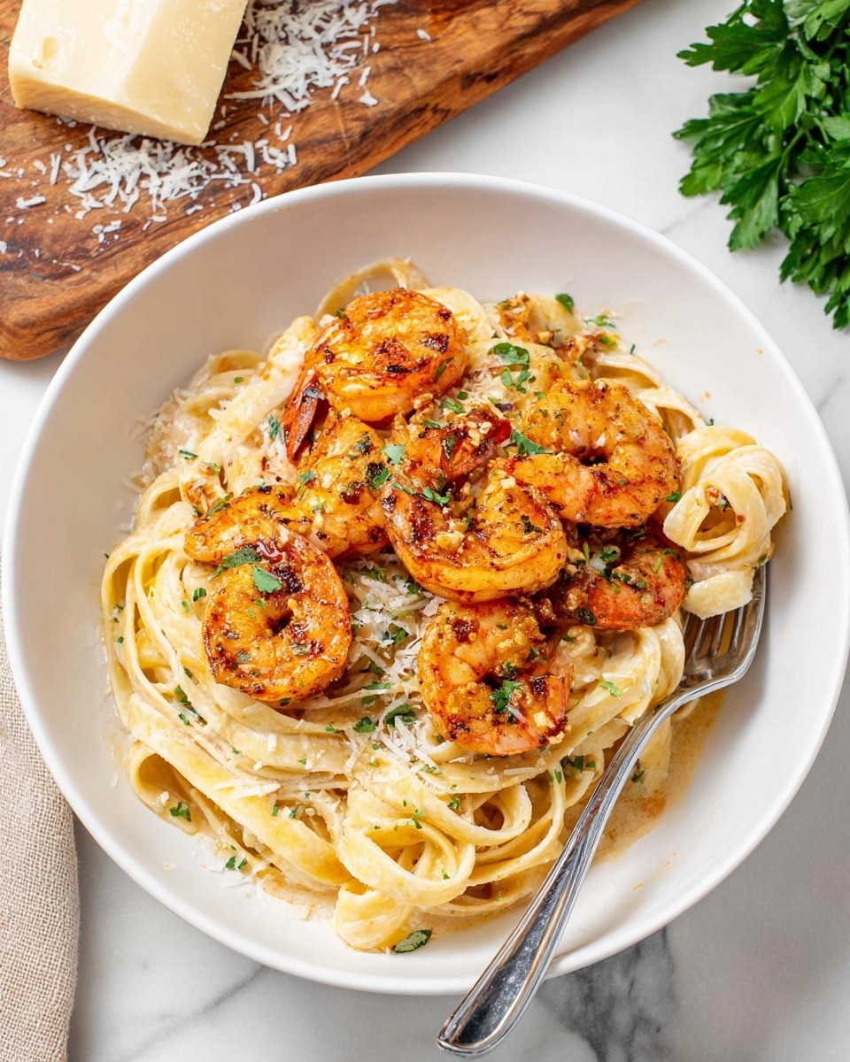 The dish shows a white bowl filled with three main layers: at the bottom, there are creamy, pale orange fettuccine noodles twisted and piled; on top, there are six large, grilled shrimp with a bright orange color and charred spots; the shrimp are garnished with small green parsley leaves and some grated white cheese scattered lightly. A silver fork rests inside the right side of the bowl with some pasta wrapped around its tines. The bowl sits on a white marbled surface with a wooden board holding a block of cheese with shredded cheese in the background and some green parsley leaves on the upper right side. Photo taken with an iphone --ar 4:5 --v 7