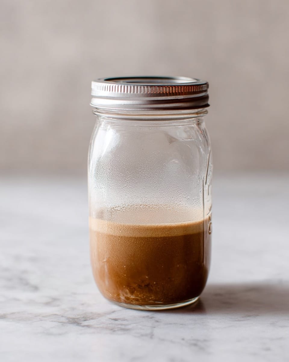 A mason jar with a metal lid contains a small amount of brown liquid at the bottom, filling about one-fifth of the jar. The inside of the jar is slightly foggy with condensation. The jar is placed on a white marbled surface with a soft, light gray background. photo taken with an iphone --ar 4:5 --v 7