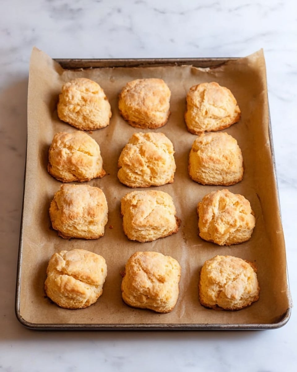 The image shows twelve golden brown biscuits arranged in three rows of four on a baking tray lined with brown parchment paper. Each biscuit has a slightly square shape with rough, fluffy textures and light cracks on top, indicating a soft inside. The baking tray sits on a white marbled surface, adding brightness to the scene. There is no additional decoration or garnish visible in the image. photo taken with an iphone --ar 4:5 --v 7