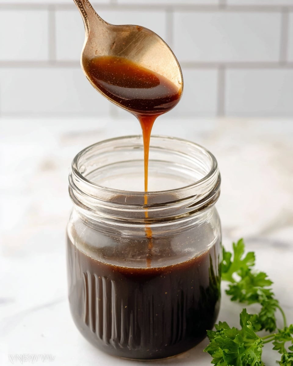 A clear glass jar filled nearly to the top with a dark brown sauce that has a glossy and smooth texture. A spoon is dipped into the jar, lifted above it, with the sauce dripping slowly from the spoon’s bowl. The background has white tiles and the jar sits on a surface with a white marbled texture. A small sprig of green parsley is visible near the bottom right corner. Photo taken with an iphone --ar 4:5 --v 7