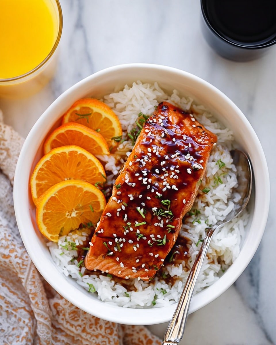 A white bowl filled with a bed of white rice forming the base layer, on top of which is a thick, grilled piece of salmon coated with a shiny, dark orange glaze and sprinkled with white sesame seeds and small green herbs. To the left of the salmon, three bright orange slices are arranged neatly on the rice. A silver spoon rests on the right edge of the bowl. The bowl sits on a white marbled surface, with a glass of orange juice on the top left and a small black cup on the top right, both partially visible. photo taken with an iphone --ar 4:5 --v 7