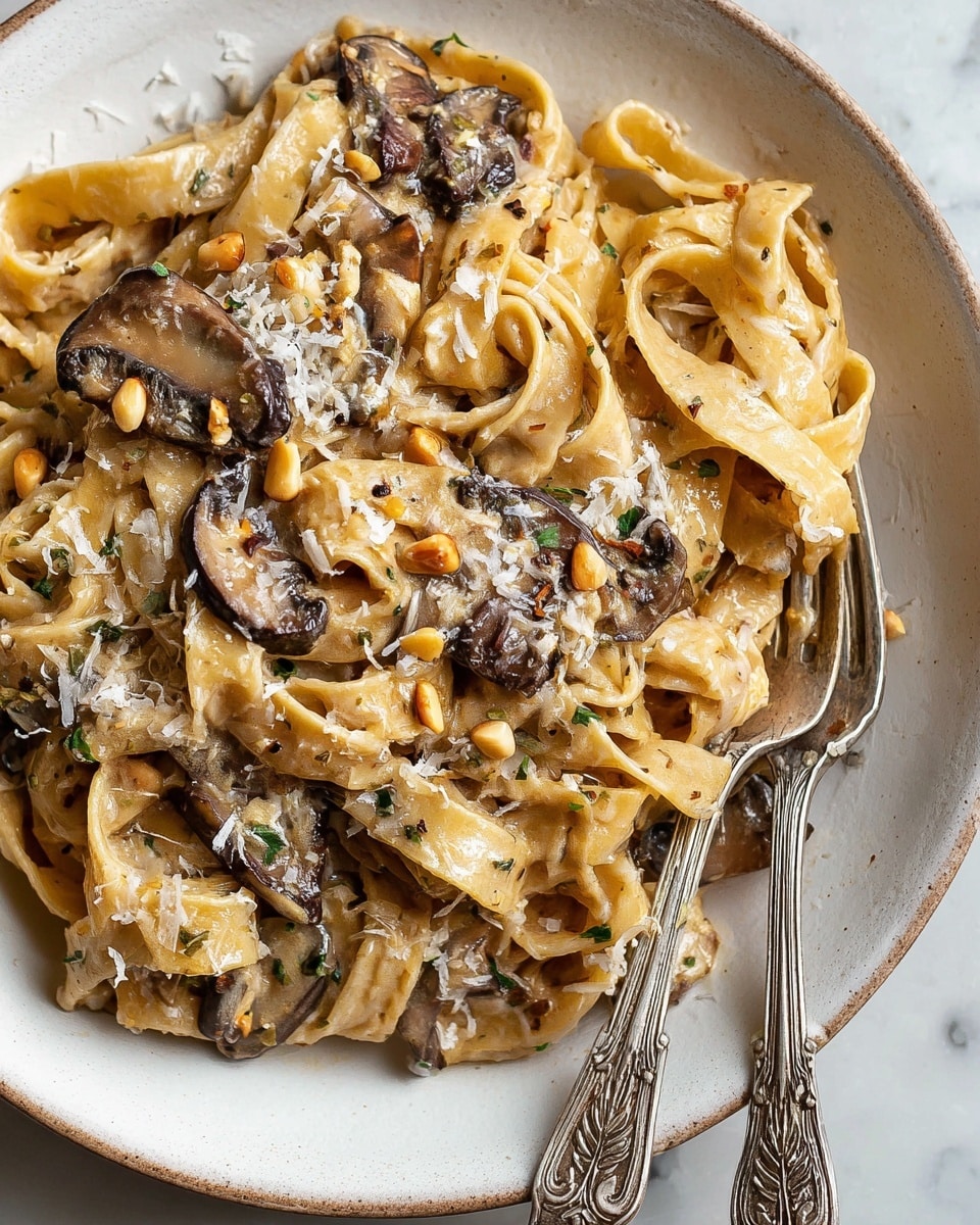 A close-up view of a white round plate filled with wide, flat pasta noodles coated in a creamy light tan sauce, mixed with dark brown, textured mushroom slices scattered throughout. Small light tan pine nuts are sprinkled over the top, along with a dusting of finely grated pale cheese. The pasta strands are twisted together in loose bundles, showing layers of smooth and slightly glossy noodles under the sauce. On the right side of the plate, two silver forks with ornate handles rest partly on the pasta. The plate sits on a white marbled surface photo taken with an iphone --ar 4:5 --v 7