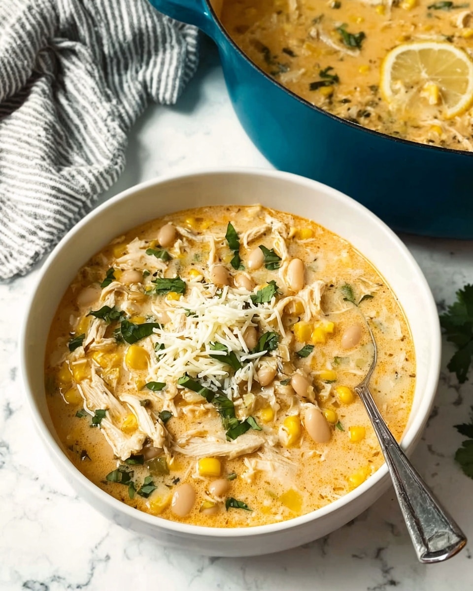 A white bowl filled with creamy soup containing shredded white meat pieces, yellow corn kernels, and white beans, all mixed in a light orange broth with green herb bits scattered throughout. There are fresh green herb leaves on top and a small heap of shredded white cheese in the center. A silver spoon is placed inside the bowl on the right side. In the background, there is a large blue pot filled with the same soup, showing a lemon slice on top. The scene is set on a white marbled surface with a striped cloth to the left. photo taken with an iphone --ar 4:5 --v 7