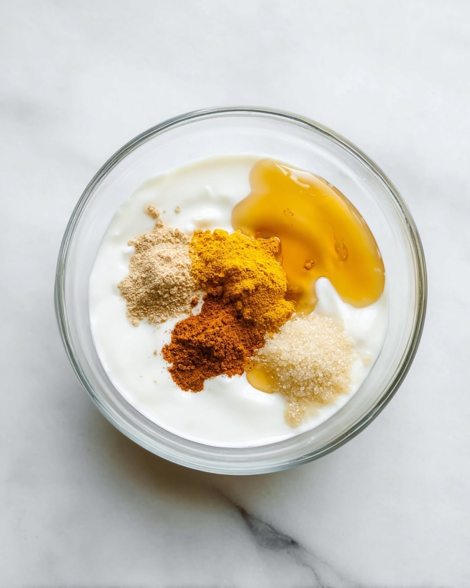 A clear glass bowl on a white marbled surface holds a smooth white base layer, likely yogurt or a similar creamy substance. On top, there are three distinct piles of spices: one is a light brown fine powder, another is a bright yellow powder, and the third is a pale beige grainy texture. To the right, a small pool of golden honey or syrup adds a sticky layer glistening under light. The ingredients are neatly arranged without mixing, showing clear color and texture contrasts. photo taken with an iphone --ar 4:5 --v 7