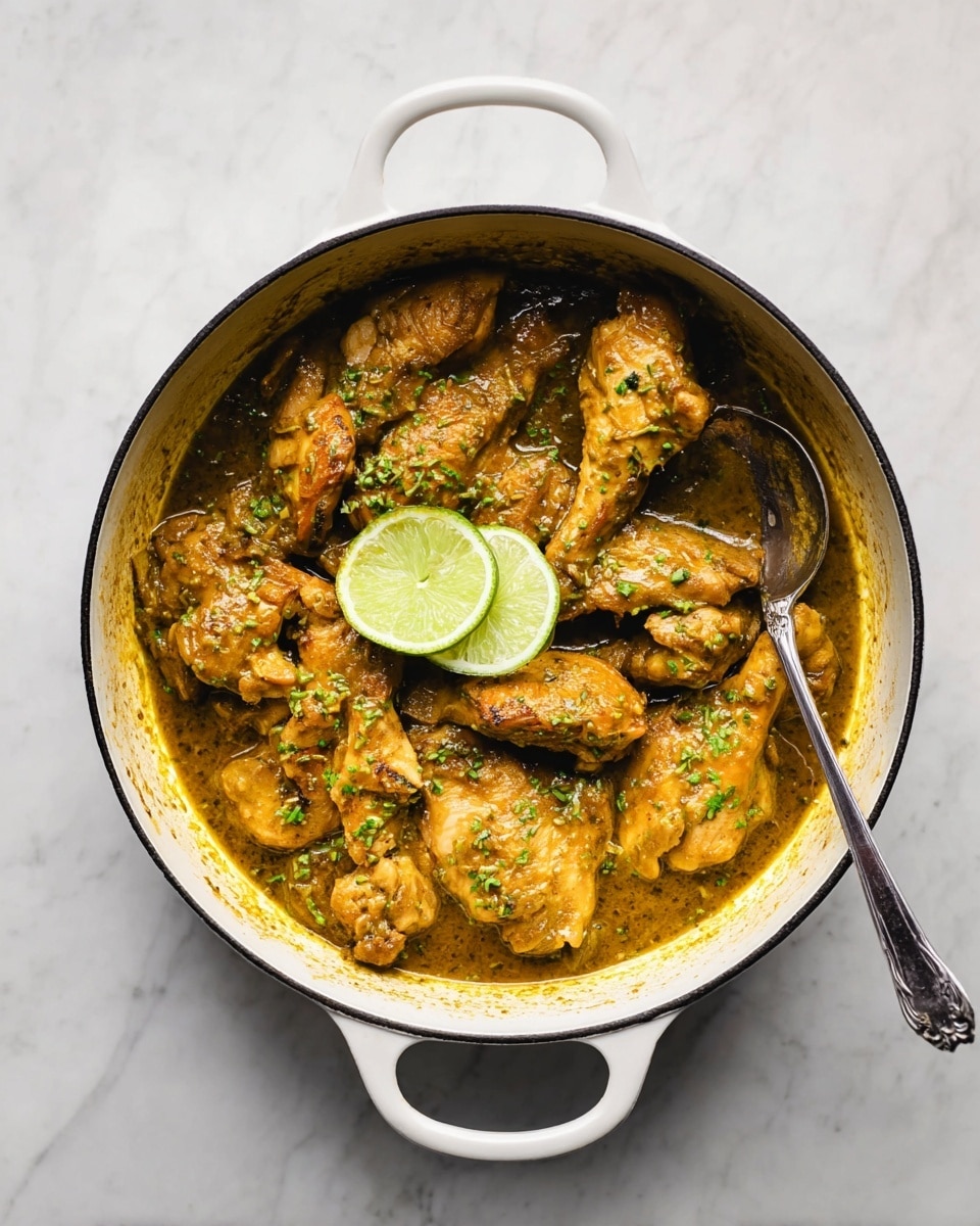 A round white cast iron pot filled with several pieces of cooked chicken in a thick dark yellow sauce, scattered with small green herb pieces giving a fresh look. Two thin lime slices sit in the middle on top of the chicken, adding a bright green color contrast. A silver spoon rests inside the pot on the chicken near the bottom right side. The pot is on a white marbled surface. photo taken with an iphone --ar 4:5 --v 7