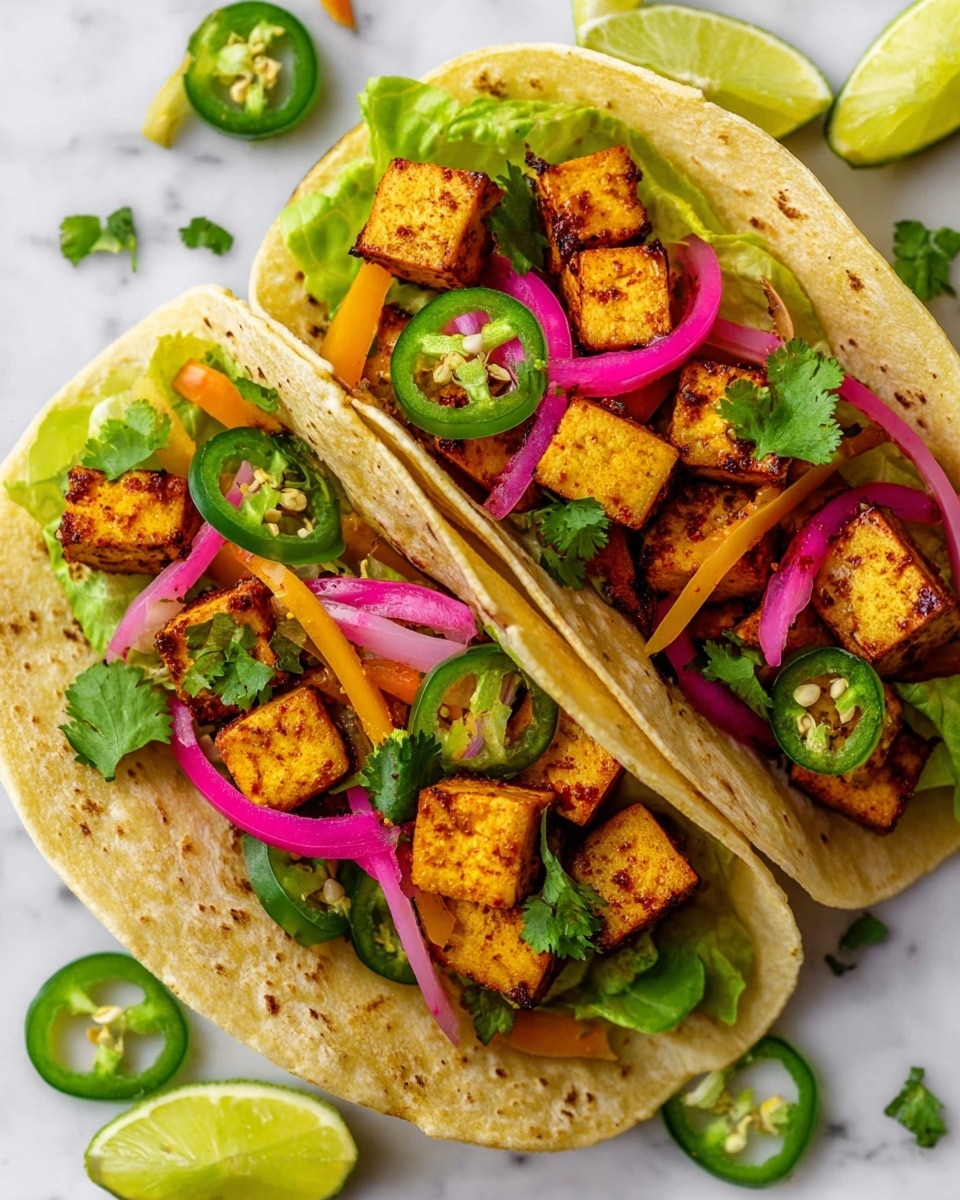 Two soft yellow tortillas are stacked close in the center on a white marbled surface. Each tortilla holds a layer of green lettuce, topped with cubes of golden brown seasoned tofu scattered evenly across. Bright pink pickled onions, thin slices of green jalapeño, and strips of orange and green bell peppers add color and texture throughout. Fresh green cilantro leaves are spread lightly on the tofu and vegetables. Around the tortillas are wedges of vibrant green lime and scattered jalapeño slices on the white marbled background. photo taken with an iphone --ar 4:5 --v 7