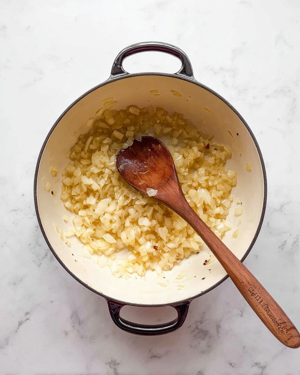 A top view of a round white pot with two black handles on a white marbled surface. Inside the pot, there is one layer of small, soft, cooked onion pieces, light yellow to golden in color, spread unevenly across the bottom. A medium brown wooden spoon with a smooth texture lies inside the pot, resting on the onions, its head showing some darker spots from use. The pot has slight browning marks on the bottom where onions have been cooked. photo taken with an iphone --ar 4:5 --v 7