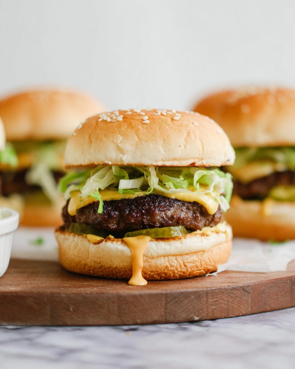 The image shows a close-up of a burger with three main layers on a white marbled surface. The bottom layer is a light brown burger bun with a smooth texture and sesame seeds on top as the upper bun. On the bottom bun, there is a thick, dark brown grilled meat patty with a slightly rough texture. On top of the meat patty, there is a small amount of yellow mustard, followed by thin green shredded lettuce and slices of green pickles. The top bun is light brown with a soft texture and sesame seeds sprinkled on it. There is some light orange sauce dripping slightly from the burger’s edge. The burger is centered with blurred parts of two more burgers visible on each side, all on a wooden board. photo taken with an iphone --ar 4:5 --v 7