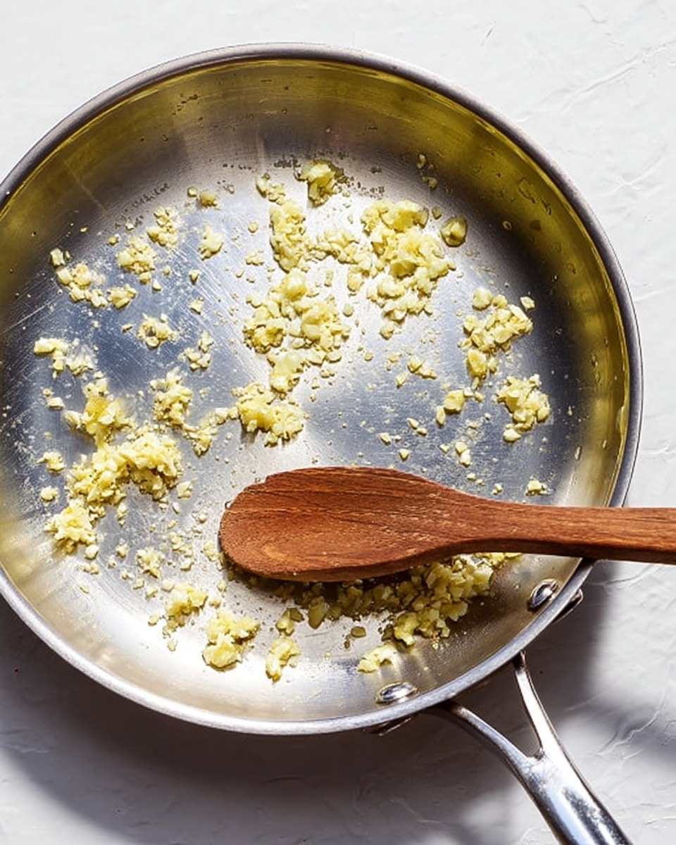 A close-up image showing a shiny metal skillet with small bits of light golden garlic spread unevenly across the bottom surface. A wooden spoon with a smooth texture is resting inside the pan on the right side. The skillet has two handles, one visible on the left and the other partly visible on the right. The background is a white marbled texture. Photo taken with an iphone --ar 4:5 --v 7