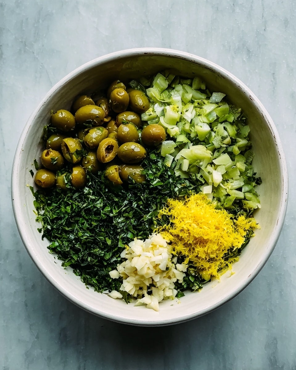 A white bowl on a white marbled surface holds four layers of chopped ingredients arranged in sections: light green chopped olives fill half of the bowl, bright yellow lemon zest is piled in a small mound near the center, finely minced white garlic is in a compact cluster next to the lemon zest, and dark green chopped fresh herbs covering the remaining section, creating a colorful contrast. Photo taken with an iphone --ar 4:5 --v 7