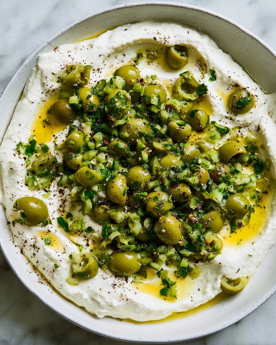 The image shows a white bowl filled with a thick, creamy white layer of yogurt or labneh spread evenly inside. On top, there is a generous layer of chopped green olives mixed with fresh green herbs and minced garlic, all coated in a drizzle of golden olive oil that pools in small areas. The olives have a shiny texture with a slightly rough surface, and the herbs add specks of darker green. There is also a light sprinkle of coarse black pepper around the edges, giving a touch of black contrast against the white creamy base and green topping. The bowl sits on a white marbled surface. photo taken with an iphone --ar 4:5 --v 7