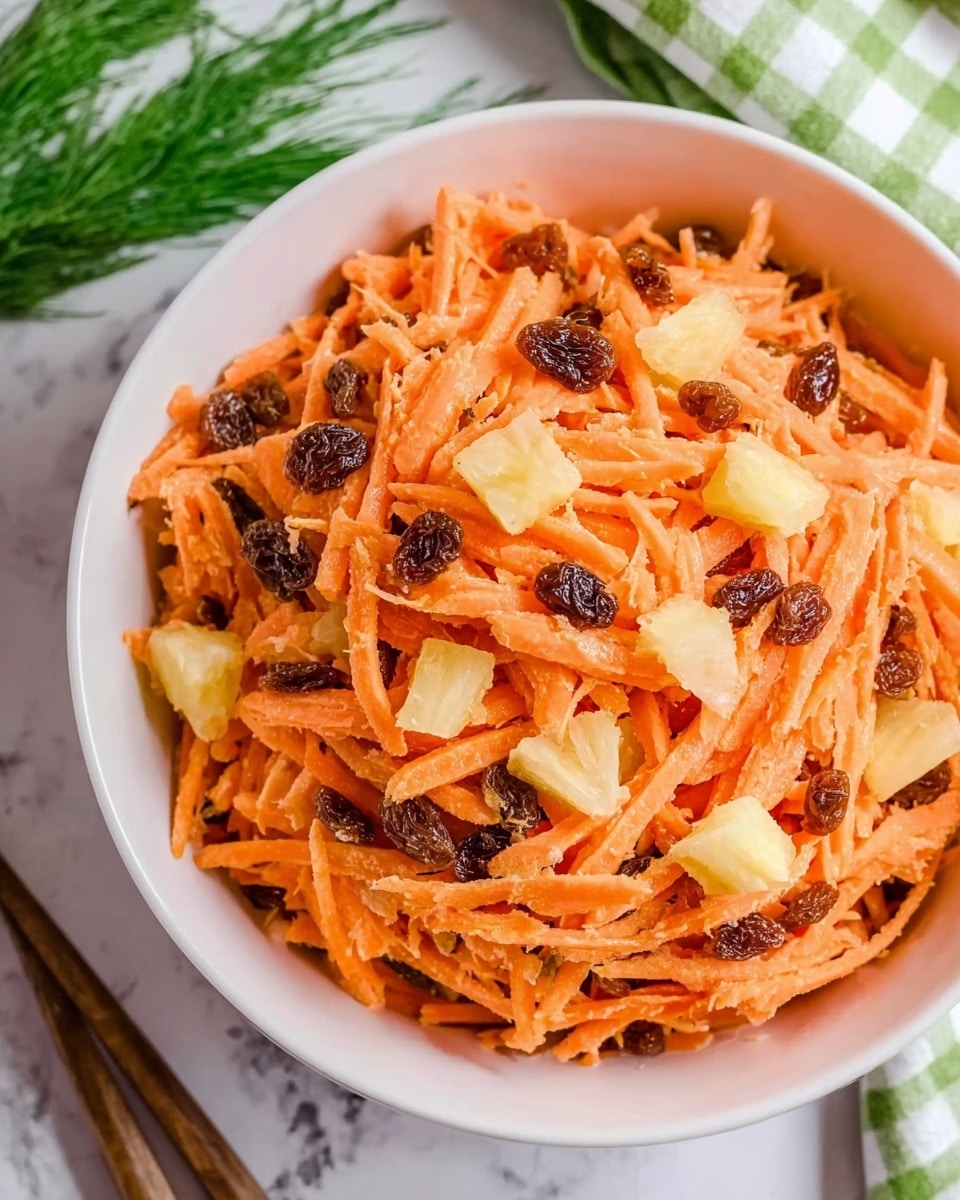 A white bowl filled with a layered carrot salad, mostly made of thin orange carrot strips mixed with small dark raisins and light yellow pineapple chunks scattered on top. The carrots create a dense orange base, while the raisins add small pops of dark brown throughout. The pineapple pieces are small and unevenly placed, adding brightness and texture contrast. The bowl sits on a white marbled surface near a piece of green and white checkered cloth and some green herbs in the background. photo taken with an iphone --ar 4:5 --v 7