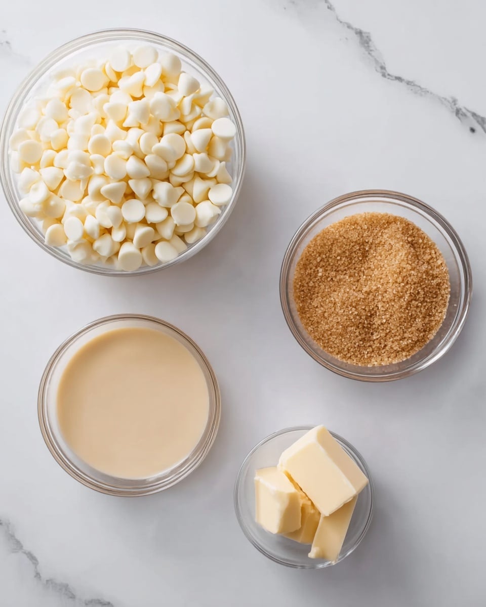 The image shows four clear glass bowls with different ingredients arranged on a white marbled surface. The largest bowl at the top left is filled with creamy white chocolate chips, showing a smooth and round texture. Near the top right, a smaller bowl contains light brown sugar with a fine, grainy texture. Below these, on the left, there is a small bowl filled with a smooth, creamy beige liquid. To the lower right, a tiny bowl holds two small pale yellow butter slices stacked on each other. The setup is simple and clean, highlighting the color and texture contrast of each ingredient. photo taken with an iphone --ar 4:5 --v 7