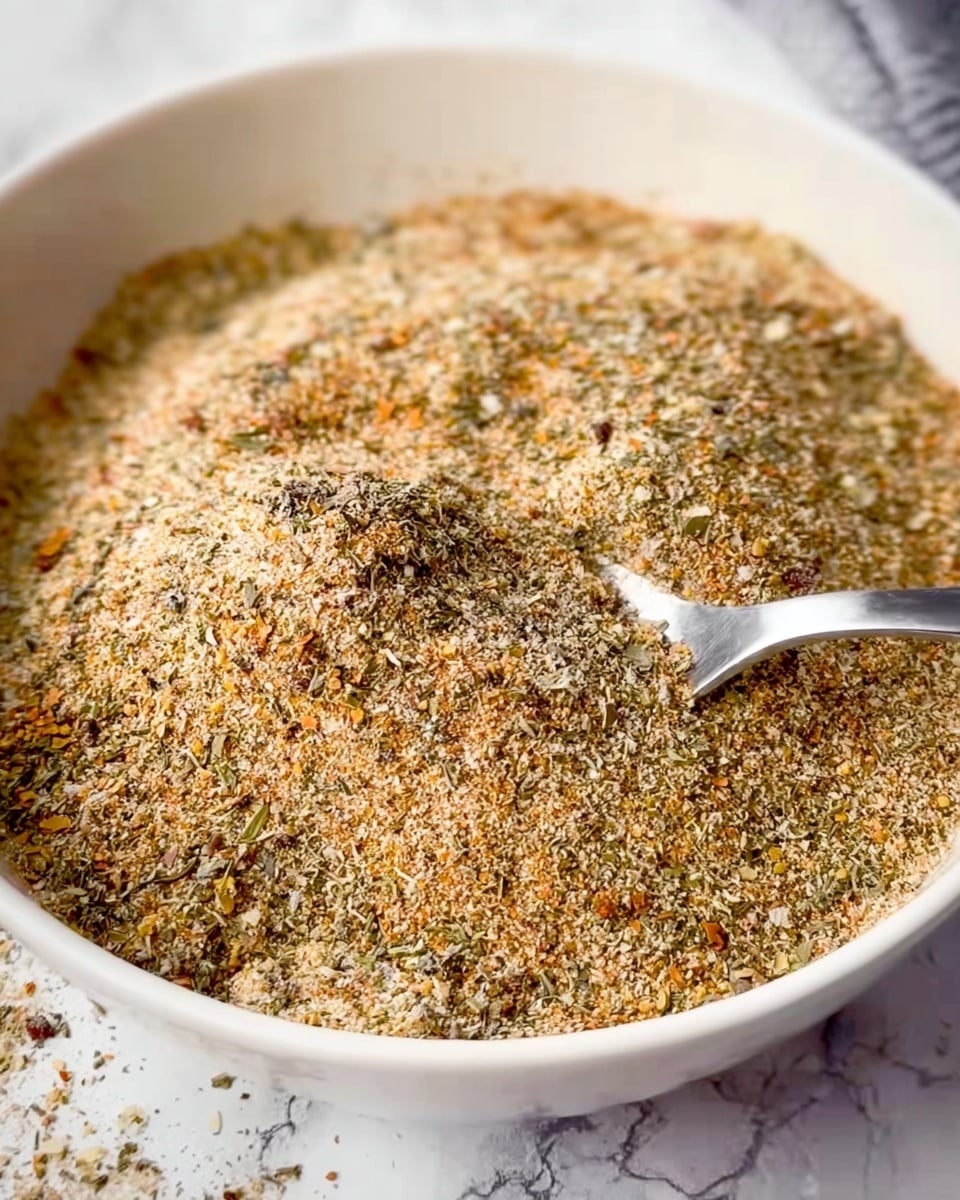 A close-up view of a white bowl filled with a dry mix of various ground herbs and spices, creating a textured surface with shades of light brown, green, and orange scattered evenly throughout. A silver spoon is partially dipped into the mix, showing the powdery texture and some loose particles around the spoon. The background is a soft white marbled texture. Photo taken with an iphone --ar 4:5 --v 7