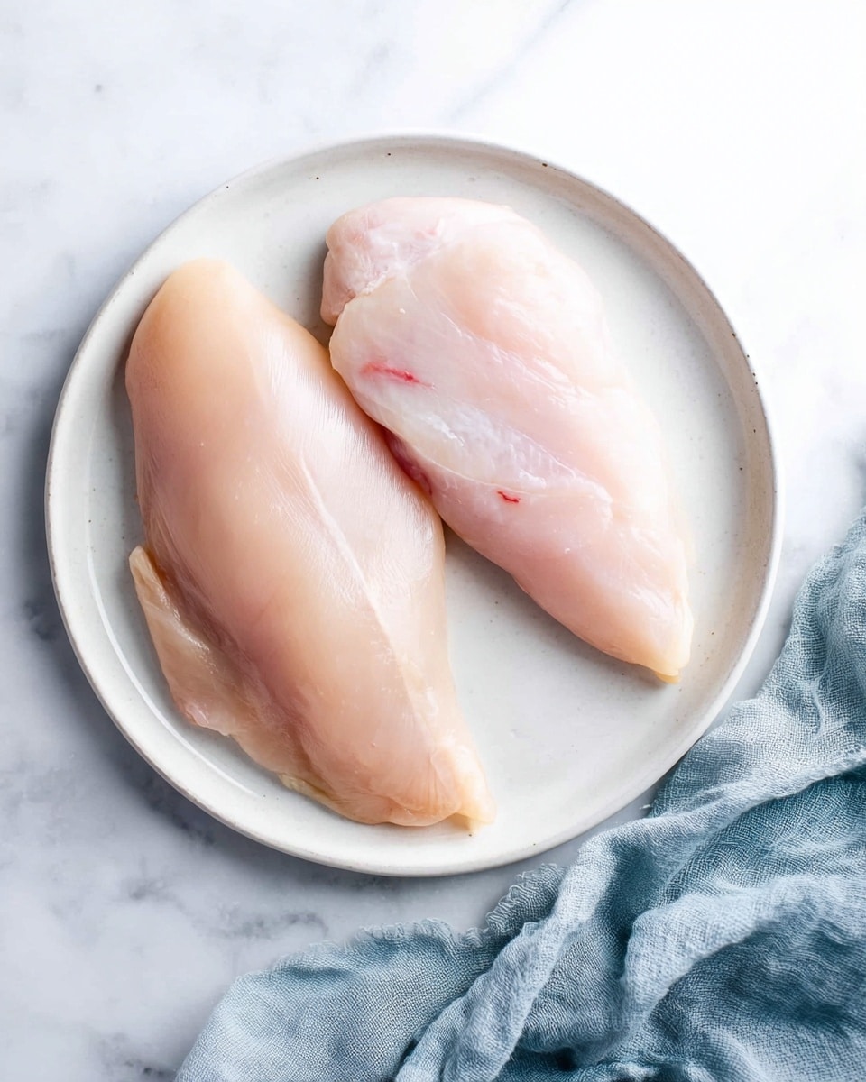 Two raw chicken fillets with smooth, pale pink surface lie side by side on a round white plate. The fillet on the left is slightly larger and plumper, showing soft natural curves, while the one on the right is a bit longer and thinner with a few faint redness spots near the top edge. The plate sits on a white marbled surface, and a crumpled light blue cloth with a soft texture is placed near the plate’s bottom right corner. The photo taken with an iphone --ar 4:5 --v 7