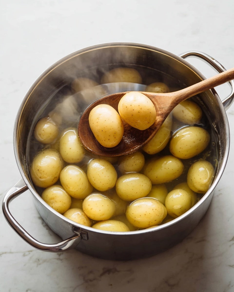 A large silver pot filled with water and many small, light brown potatoes with smooth skins, partially submerged and boiling. Two whole potatoes, one slightly bigger than the other, rest on a wooden spoon held above the pot, showing their rounded and smooth texture. The pot sits on a white marbled surface, and the steam rises softly from the water, adding a slight blur around the potatoes. photo taken with an iphone --ar 4:5 --v 7