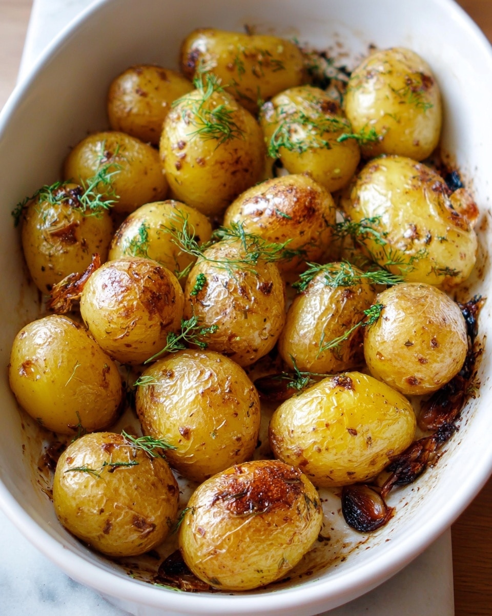 A white oval baking dish filled with about twenty small roasted potatoes, each with a golden yellow color and slightly browned, crispy spots on their skins. Scattered across the potatoes are small green sprigs of fresh herbs like dill and parsley, some slightly wilted from roasting. At the bottom of the dish, there are dark caramelized bits and small roasted garlic cloves visible over a white marbled textured surface. The potatoes look shiny with a light coating of oil, and the light highlights their smooth, slightly wrinkled textures. Photo taken with an iphone --ar 4:5 --v 7