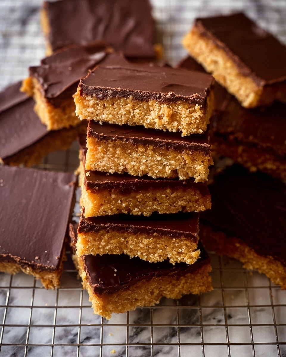 Stack of square bars with two layers: the bottom layer is light brown and crumbly with a grainy texture, while the top layer is smooth dark brown chocolate covering the whole top surface; some bars show exposed crumbly edges where pieces are broken off. The bars are arranged unevenly on a wire cooling rack over a white marbled surface. photo taken with an iphone --ar 4:5 --v 7