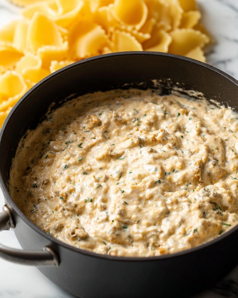 A close-up view of a black pot filled with a thick, creamy mixture that has a beige color with small soft chunks throughout. There are scattered green herb bits visible, and the texture looks smooth but chunky with a slightly glossy finish. In the background, large pale yellow uncooked pasta pieces are slightly blurred, resting on a white marbled surface. The pot handle is visible on the right side. Photo taken with an iphone --ar 4:5 --v 7