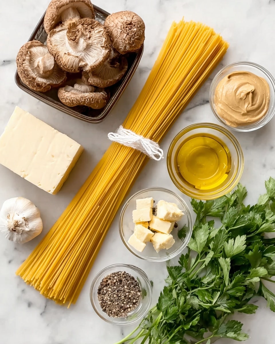 A bundle of uncooked yellow spaghetti tied with white string lies in the center on a white marbled surface. Around it are several small clear glass bowls containing ingredients: olive oil with a golden liquid, creamy beige paste, small diced butter cubes, a mix of black and white pepper, and three whole garlic cloves. A white block of cheese is near the bottom left, and a brown container filled with large, rough brown mushrooms is placed in the top left corner. A bunch of fresh green parsley with long stems is visible on the right side of the image. Photo taken with an iphone --ar 4:5 --v 7