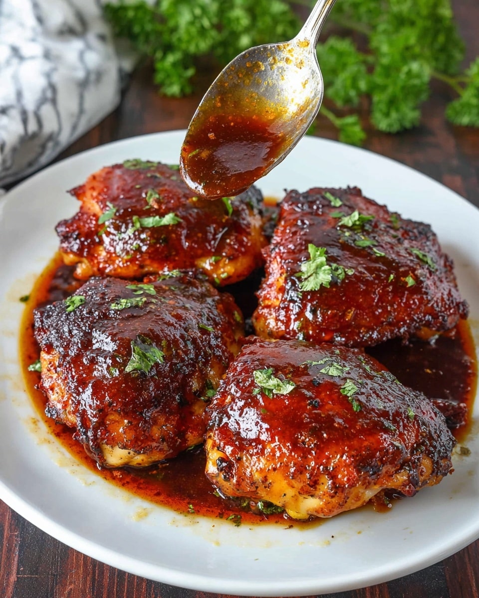 A white round plate holds four large pieces of chicken covered with a thick, shiny reddish-brown sauce. The chicken pieces have a slightly charred texture around the edges, showing some dark brown and black crusts. There are small green parsley bits sprinkled on top of the sauce, adding bright green contrast. Above the chicken, a silver spoon is held close, dripping a dark, glossy sauce onto one of the pieces. The plate sits on a dark wooden surface with a white marbled texture visible in the background, and some green parsley leaves are slightly visible out of focus at the edge. Photo taken with an iphone --ar 4:5 --v 7