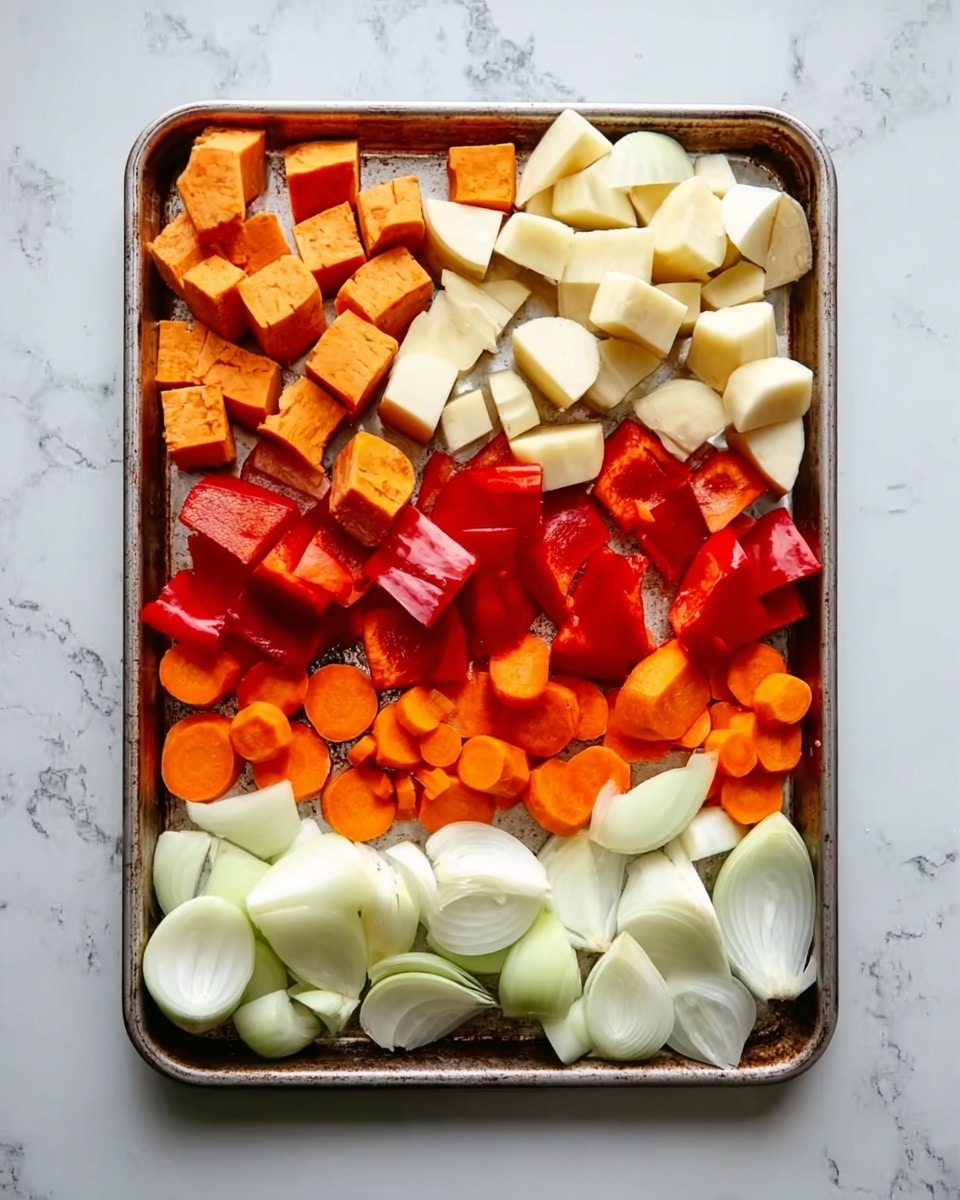 A metal tray on a white marbled surface holds five neat rows of chopped vegetables. From left to right, the first row has orange sweet potato pieces with rough edges, the second row shows bright red bell pepper chunks with smooth skin, the third row contains pale white parsnip cubes, the fourth row has round carrot slices in bright orange, and the fifth row features quartered white onions with shiny layers. All vegetables are evenly spaced, showing varied colors and textures, with no other items around. Photo taken with an iphone --ar 4:5 --v 7