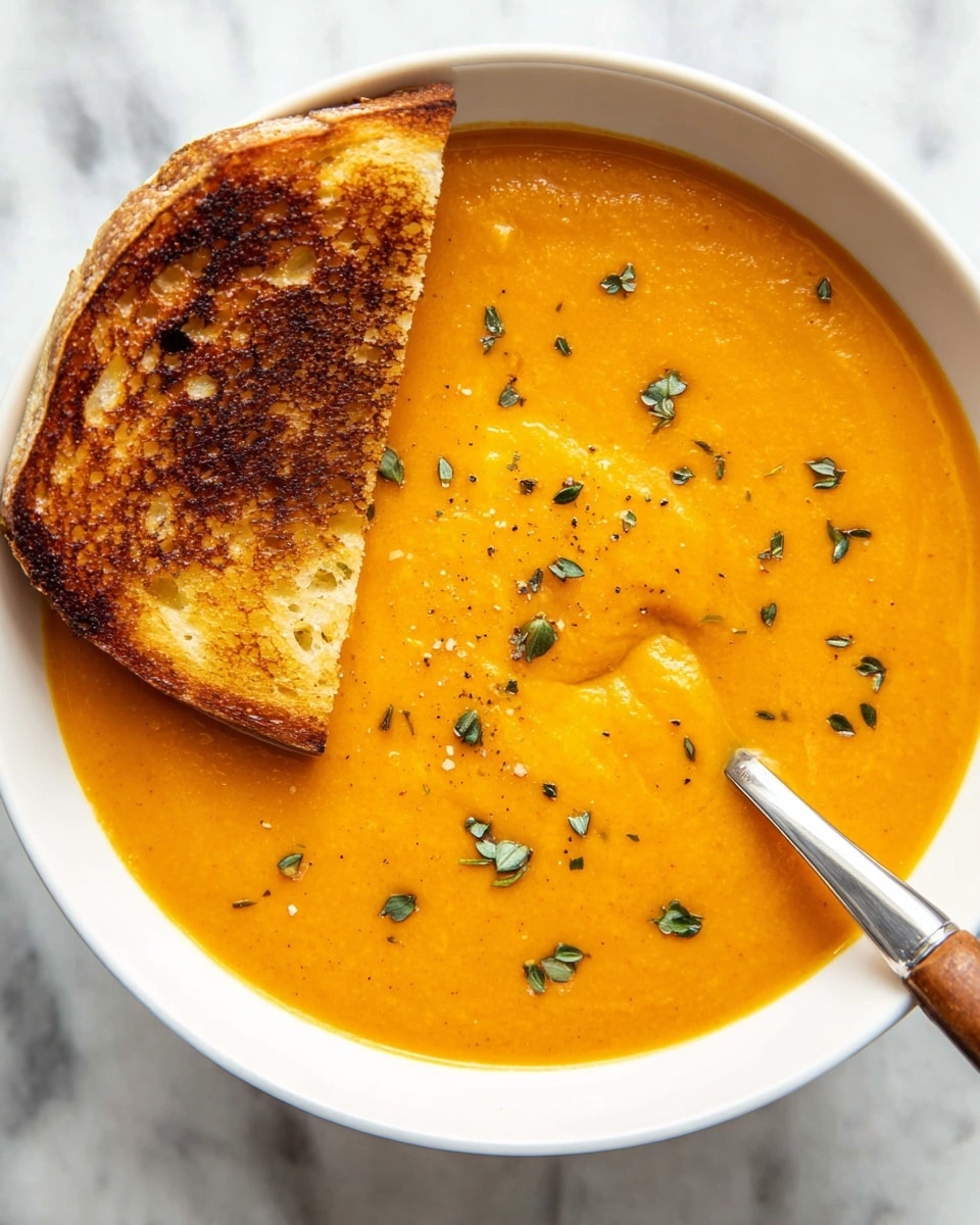 A white bowl filled with smooth, bright orange soup, sprinkled with small green herb leaves scattered on top. A piece of golden brown grilled bread is partially dipped into the soup, soaking up some of the liquid. Next to the bread, a silver spoon with a wooden handle rests in the bowl, showing a small swirl in the thick soup. The bowl is placed on a white marbled surface. photo taken with an iphone --ar 4:5 --v 7