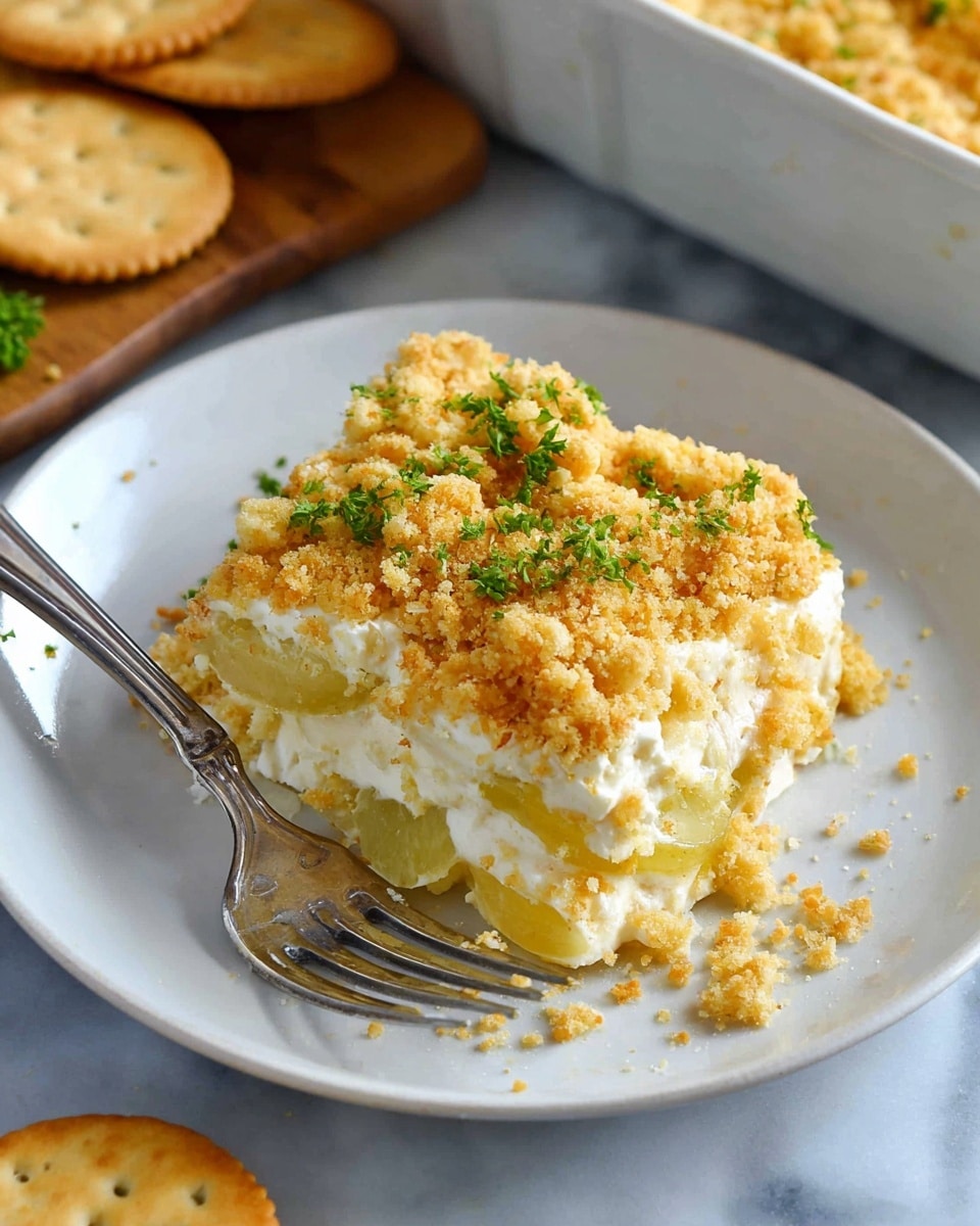 A white plate holds a serving of layered yellow and white dish topped with a crumbly golden-brown crust sprinkled with small green parsley pieces. The layers include a creamy white base mixed with soft yellow slices, all covered by a crumbly top that adds a crunchy texture. A silver fork rests on the edge of the plate with some crumbs scattered around. In the background, there are round golden crackers and part of a white dish containing more of the same layered food, all set on a white marbled surface. Photo taken with an iphone --ar 4:5 --v 7