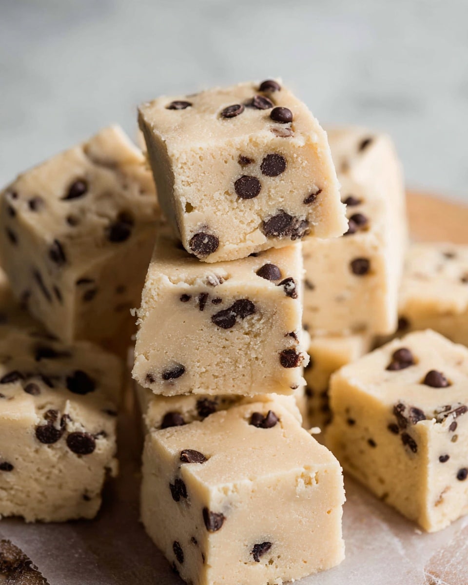 The image shows a close-up of stacked square-shaped pieces of light beige cookie dough with small dark chocolate chips spread evenly throughout each piece. The dough squares have slightly rough and soft edges, giving a fresh, homemade look. The pieces are piled on top of each other, creating a textured, layered stack that fills most of the frame. The background features a white marbled surface that contrasts softly with the dough's light color. The focus is sharp on the dough's front, showing the small chocolate chips and the soft texture clearly. Photo taken with an iphone --ar 4:5 --v 7