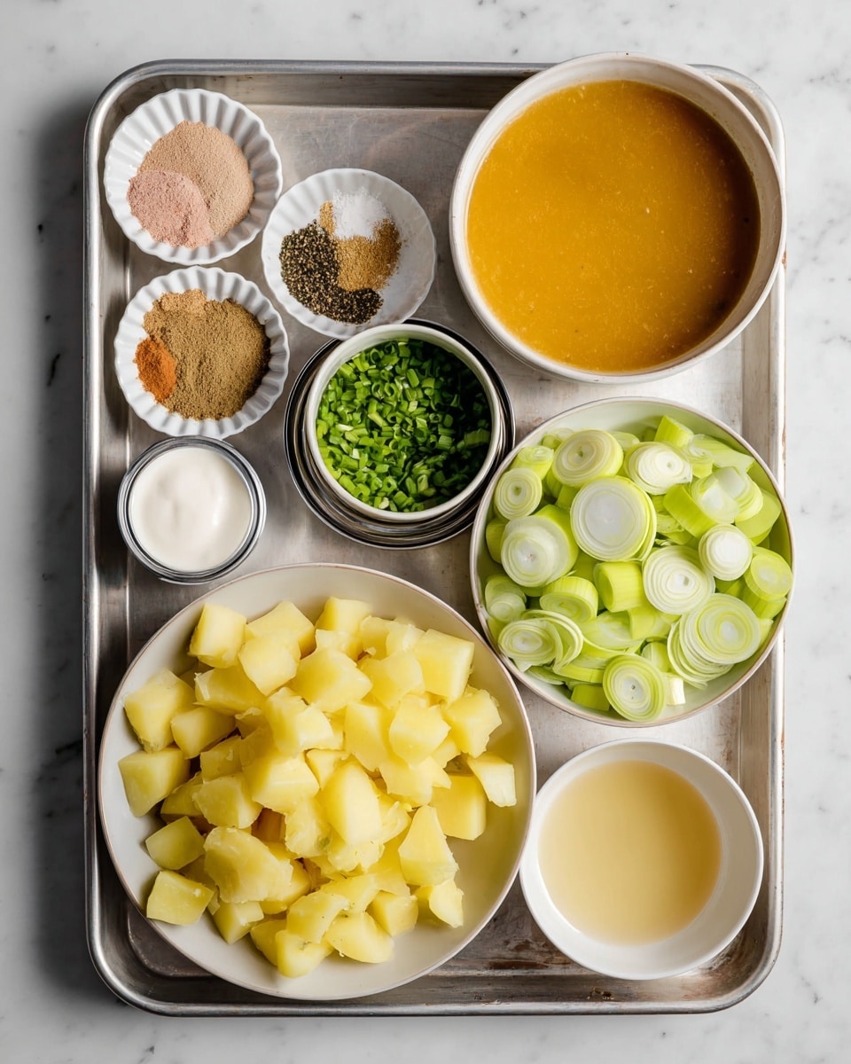 The image shows a metal tray holding eight white dishes with different ingredients, all placed on a white marbled surface. In the bottom left, there is a large bowl filled with many small, even cubes of yellow potatoes. To the right of that, a slightly smaller bowl contains cut green leek rounds showing their light green to yellow gradient center. Above this bowl, there is a small bowl with chopped green chives. Near the center of the tray, a medium-sized bowl holds orange-colored broth with a smooth surface. Next to that is an opened can of white coconut cream with a smooth top layer. In the top left part of the tray, a small fluted white dish has five piles of dry spices: one beige, one light brown, one pale pink, one dark brown, and one light gray. Below that, a small bowl contains a light golden liquid. In the bottom right corner of the tray is an empty small white bowl with a small amount of minced pale yellow garlic. The photo was taken with an iphone --ar 4:5 --v 7