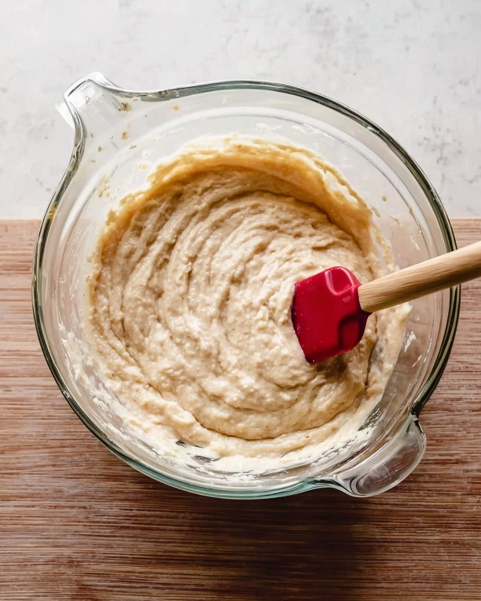 A clear glass bowl filled with a thick, light beige batter that has a slightly lumpy texture. The batter shows gentle swirls made by a red spatula with a wooden handle, which is resting inside the bowl at an angle. The bowl has a clear handle and spout, sitting on a white marbled surface that contrasts with the woodgrain it mimics. The scene is close-up, highlighting the creamy mix and the subtle shadows inside the bowl photo taken with an iphone --ar 4:5 --v 7