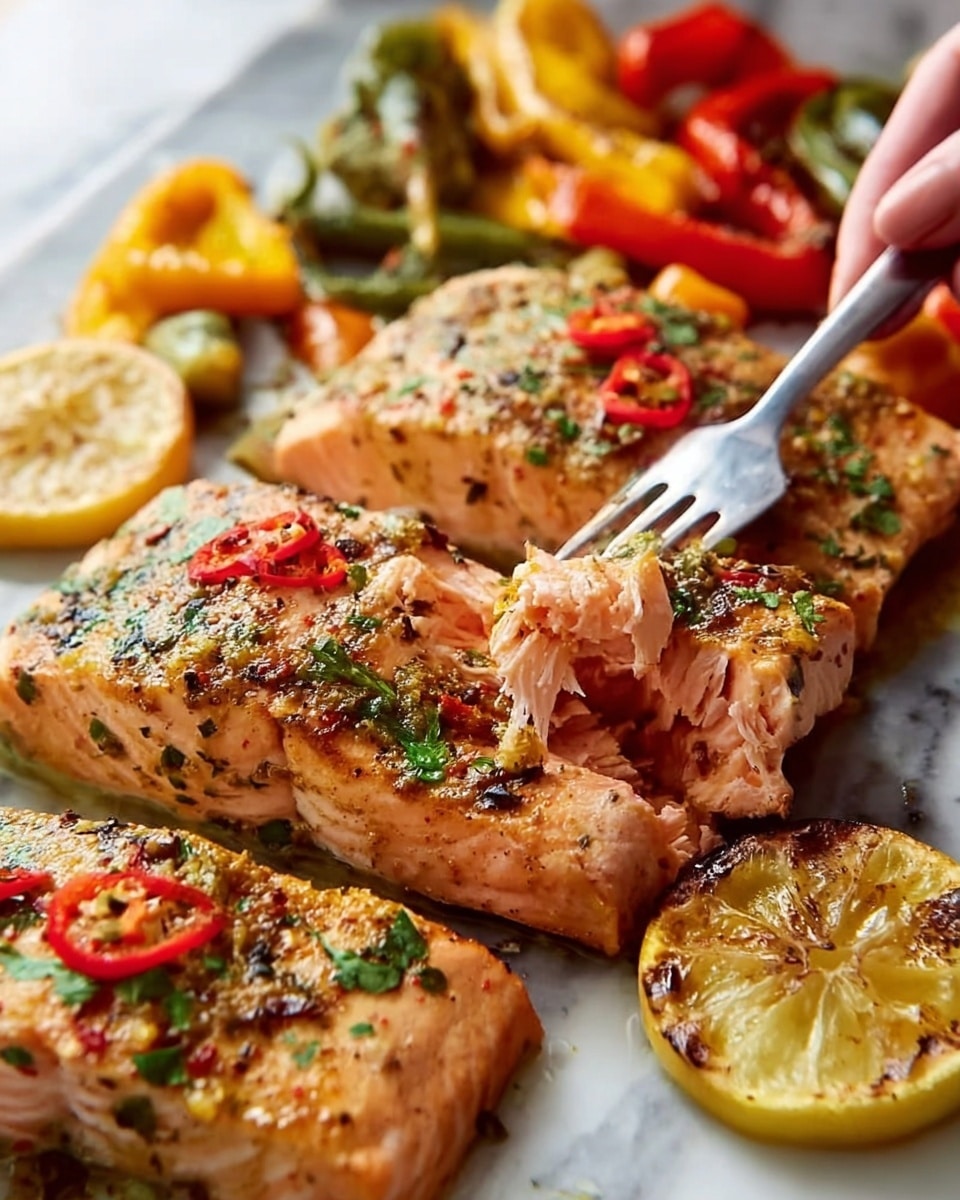 The dish shows three pieces of cooked salmon with a crispy, golden-brown top layer, seasoned with green herbs and small slices of red chili on the surface. The salmon has a visible flaky, light pink inside that is being gently separated by a silver fork from the lower right side. Surrounding the salmon pieces are roasted vegetables, including yellow and red bell peppers and green peppers, with a slightly charred texture. Thin, grilled lemon slices with a browned edge are also placed on the white marbled surface with the food. The scene includes a woman's hand holding the silver fork near the fish, creating a cozy and fresh feeling. photo taken with an iphone --ar 4:5 --v 7