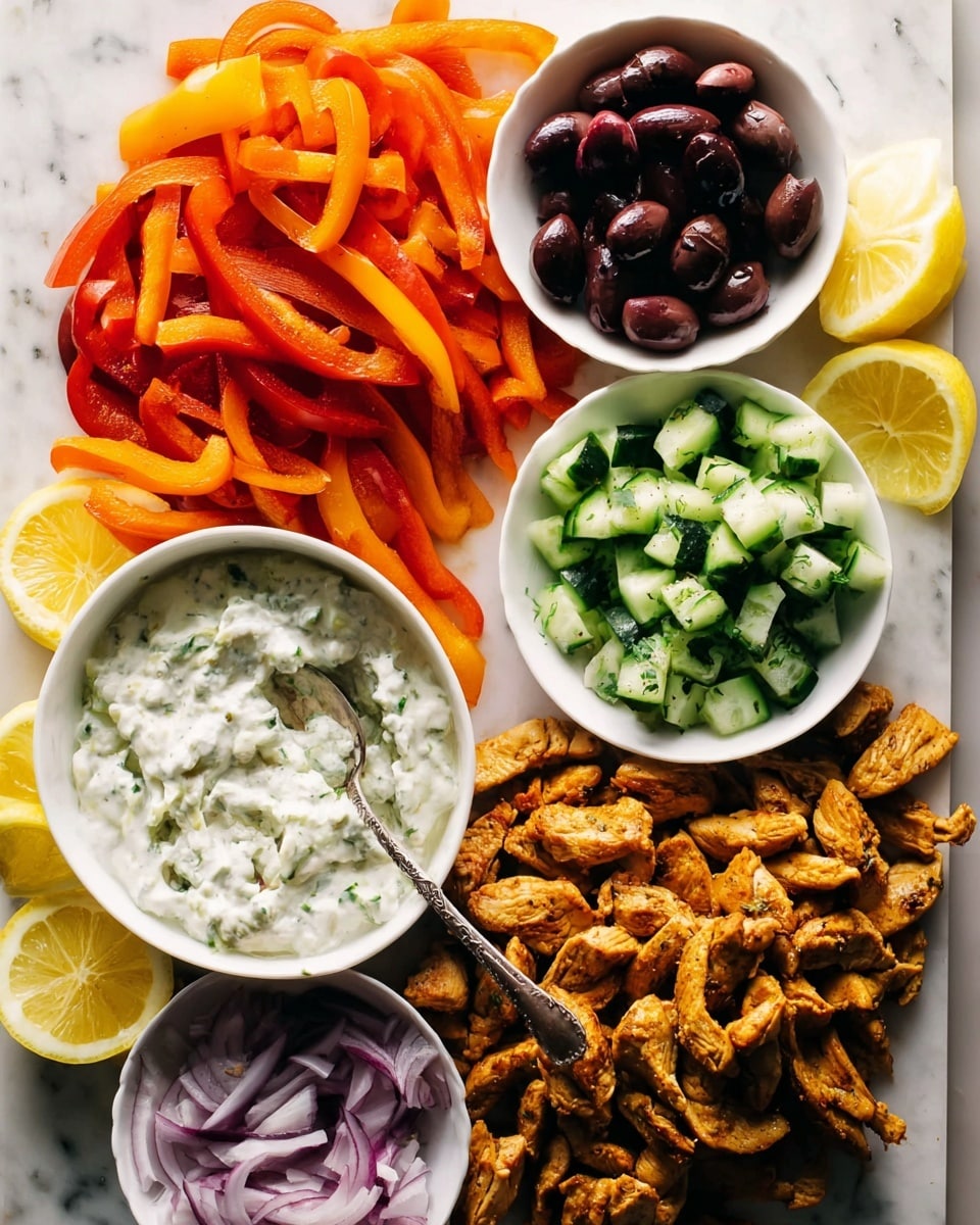 This image shows a food platter on a white marbled surface with several layers of colorful ingredients. The base layer has cooked strips of orange and red bell peppers on the left side and pieces of cooked, golden-brown chicken on the right side. On top of this base, there are four small white bowls placed close to each other. The top bowl holds dark purple olives, the bowl on the right contains bright green chopped cucumbers, the large bowl on the left has a creamy white sauce with green herbs and a spoon inside, and the small bowl at the bottom holds small pieces of red onion. Lemon slices are arranged along the edges of the platter. photo taken with an iphone --ar 4:5 --v 7