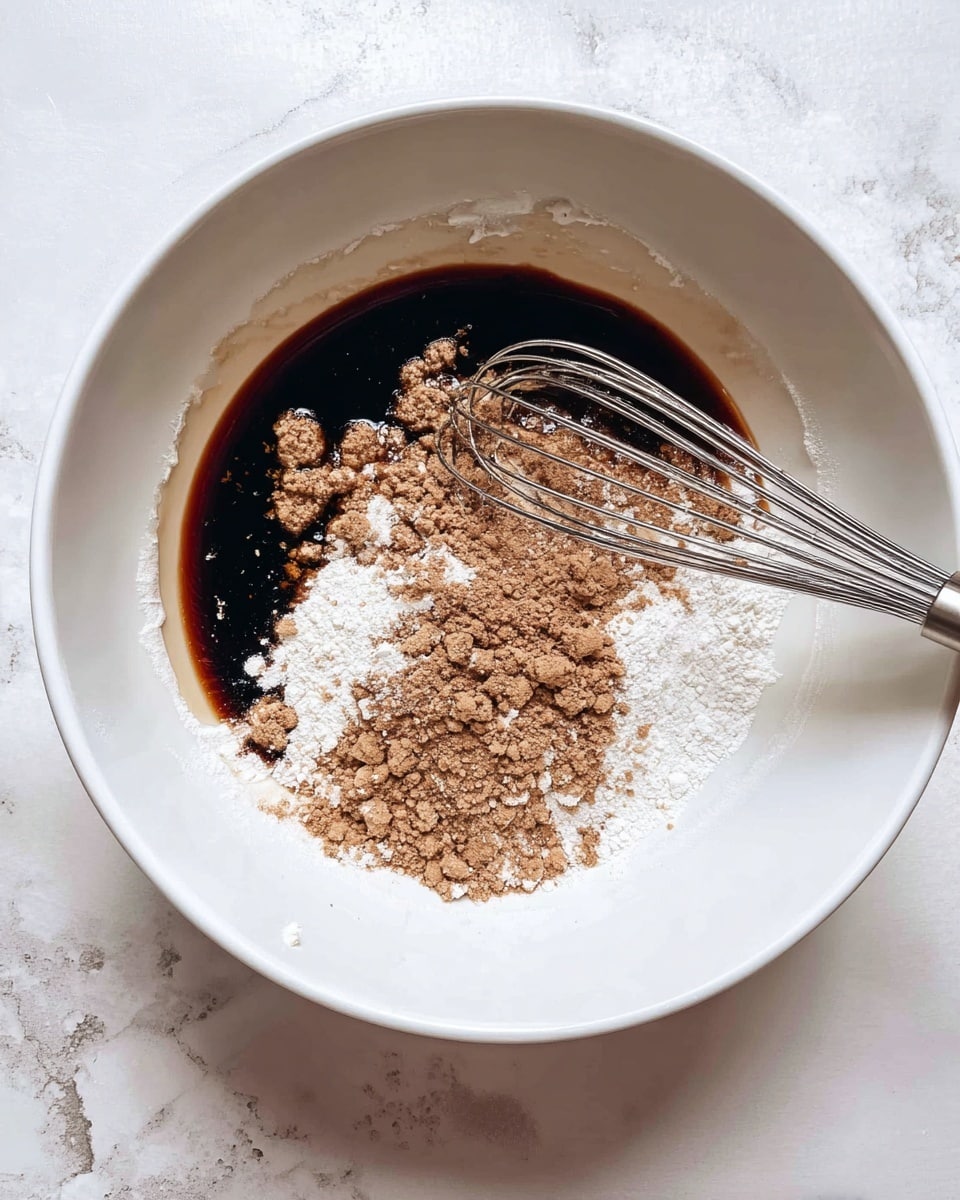 A large white bowl contains three layers: a dark brown liquid layer at the bottom, a white powdery layer in the middle, and light brown clumps scattered on the dark liquid. A silver whisk rests inside the bowl, touching all the layers. The bowl is placed on a white marbled surface. photo taken with an iphone --ar 4:5 --v 7